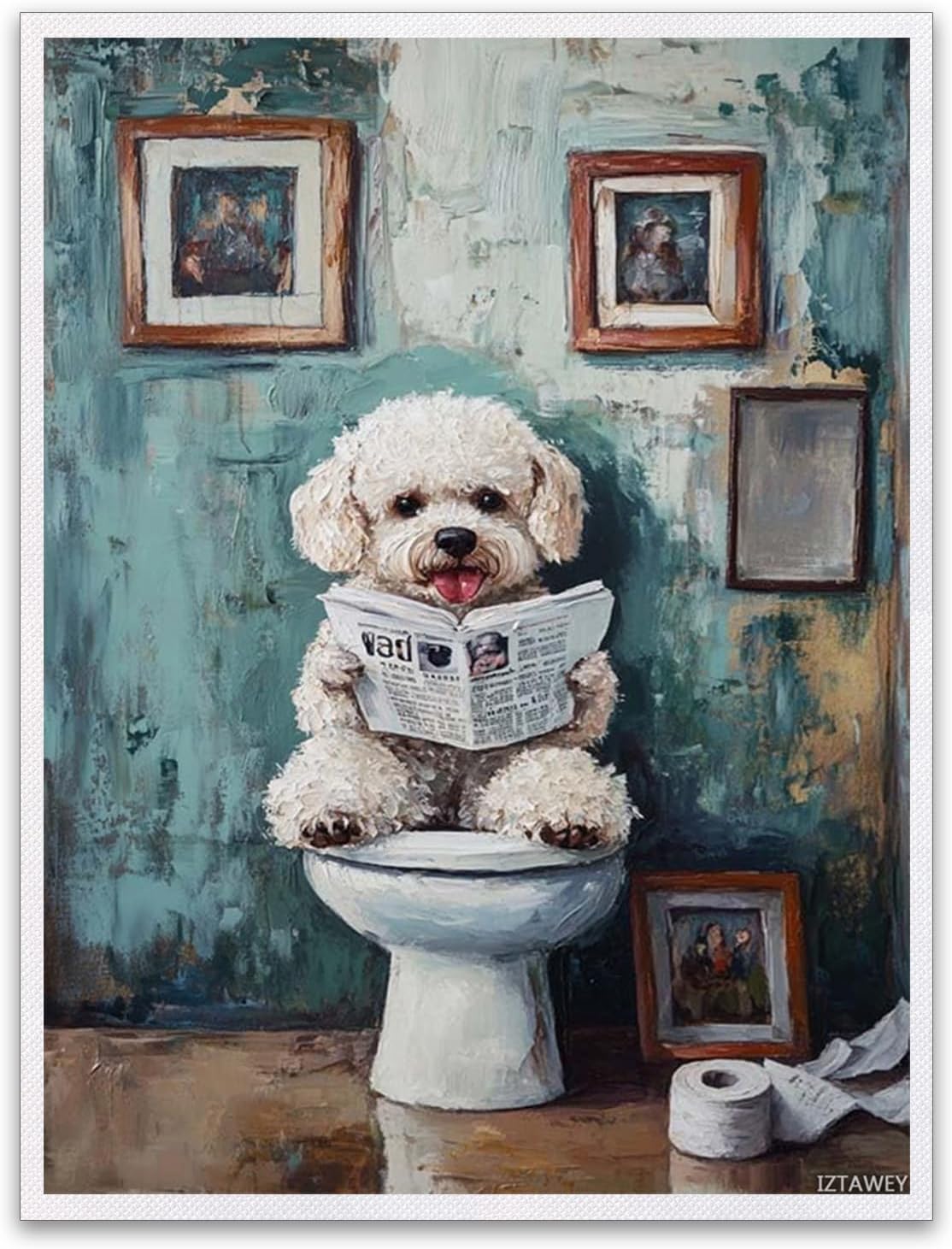 Bichon Frise Dog Sitting on The Toilet and Reading A Newspaper Posters Art Living Room Canvas Wall Pictures Giclee Prints for Bedroom 12x16inch Frameless