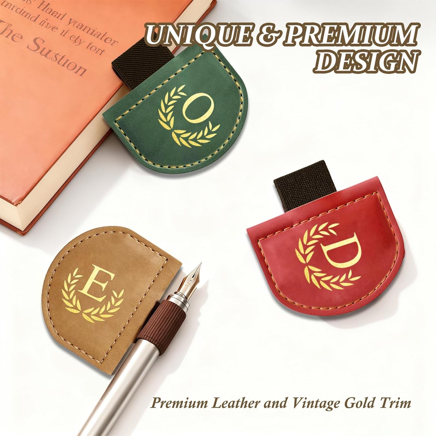 Personalized Leather Magnetic Bookmark with Pen Holder, Custom Bygone Mark Bookmark with Pen Holder, Custom Bookmarks with 26 Letters for Reading Women, Men, Teachers, Book Lovers（Red，S）