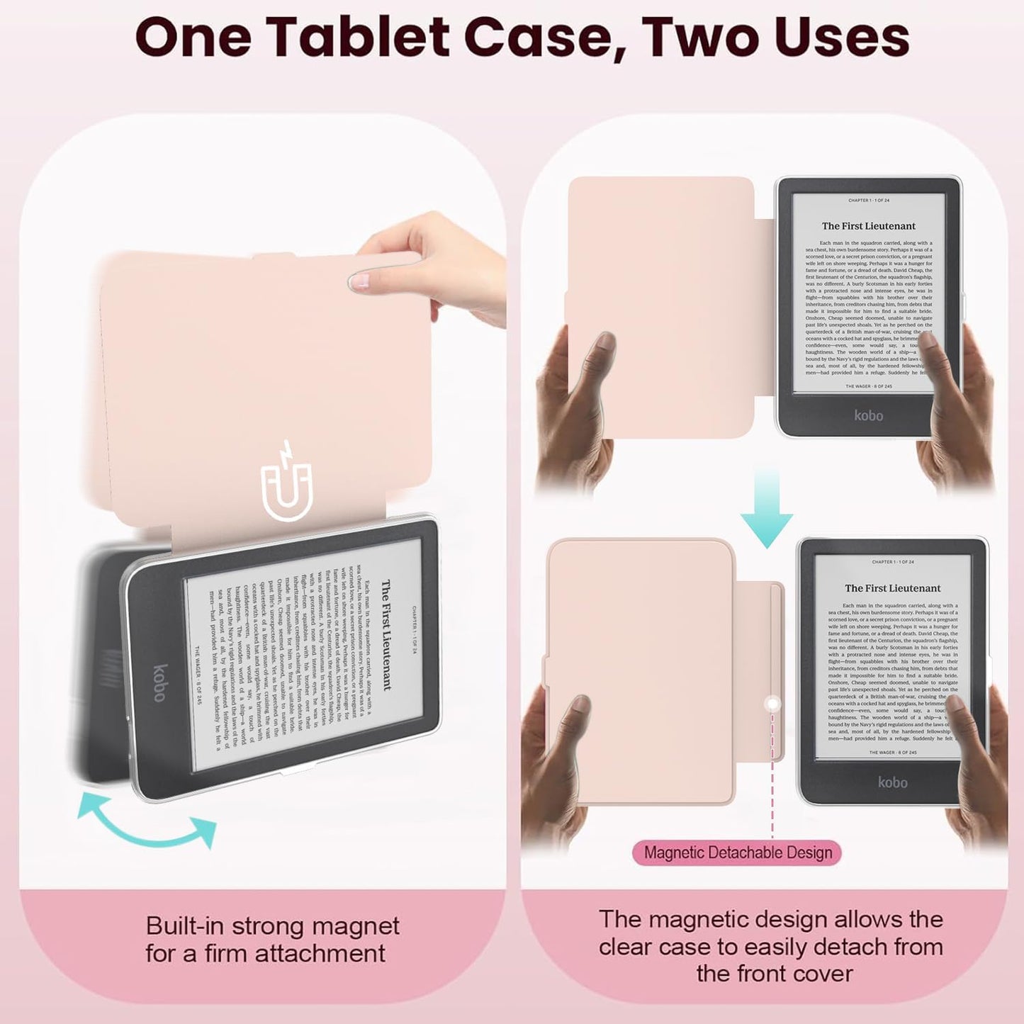 E NET-CASE Detachable Magnetic Case for 6" Kobo Clara Colour (2024) /Clara BW (2024) /2E (2022) eReader, Ultra Clear Back Scratch-Proof Light丨Easy to Detach & Attach丨Auto Sleep/Wake (Love Pink)
