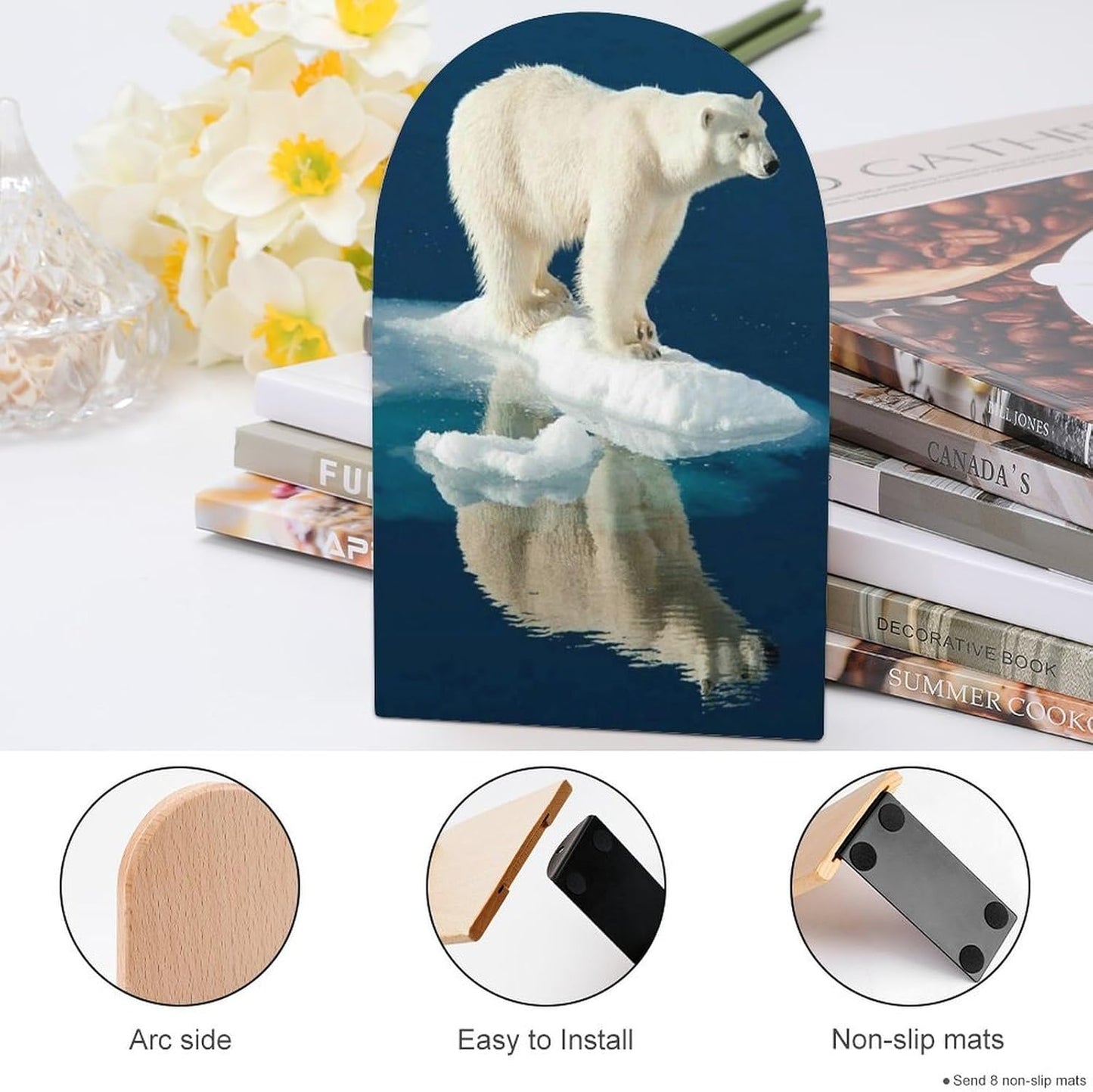 Polar Bear Wooden Bookend Non-Slip Book Ends Heavy Duty Book Stopper with Metal Base Books Holderd Decorative Bookends Stands Firmly for Office Supplies