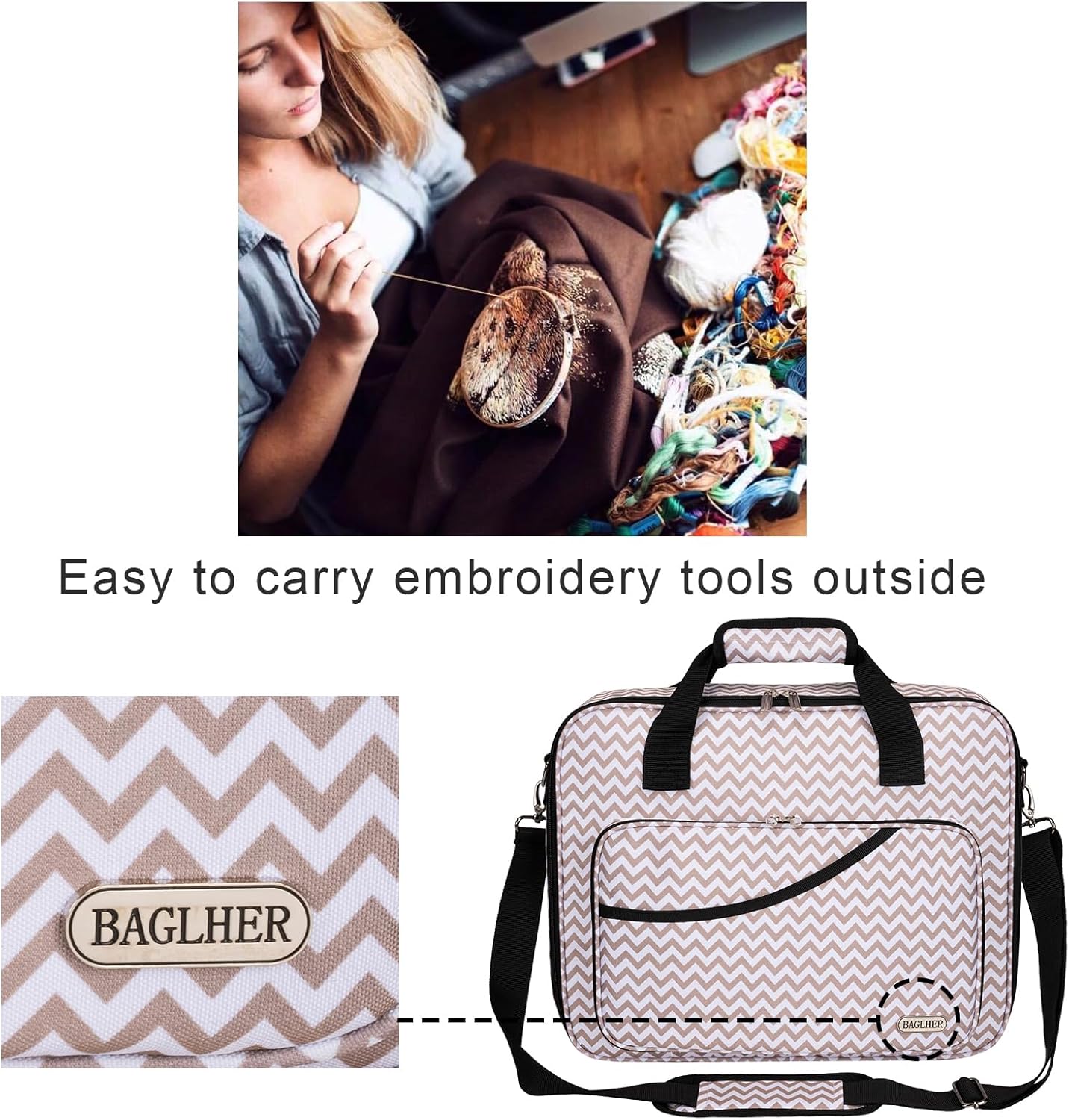 BAGLHER Cross Stitch & Embroidery Organizer Bag - Large Portable Project Storage with 3 Compartments, Travel Friendly Carrying Case for 11.2" Hoops, Threads, Supplies (Stripe)