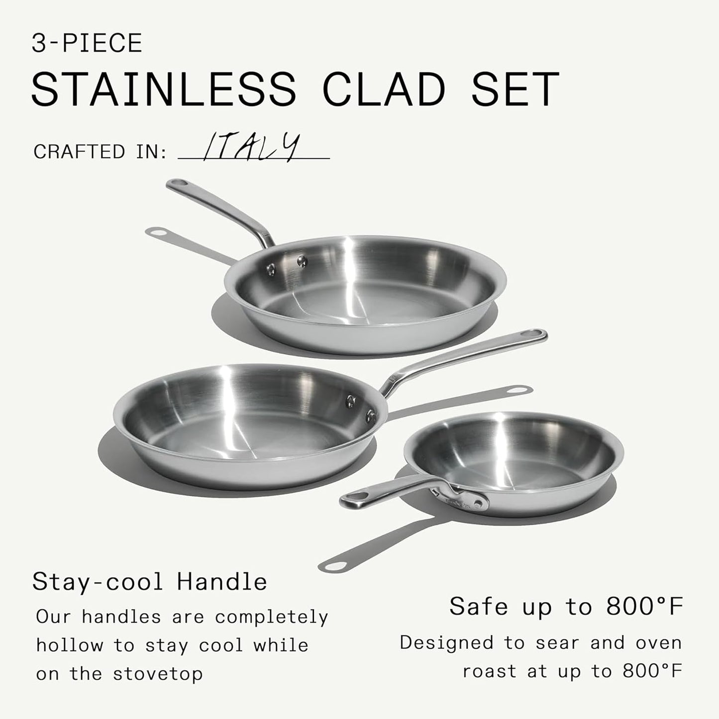 Made In Cookware | 3-Piece (Includes 8",10",12") Stainless Frying Pan Set | 5 Ply Stainless Clad | Professional Cookware | Crafted in Italy | Induction Compatible