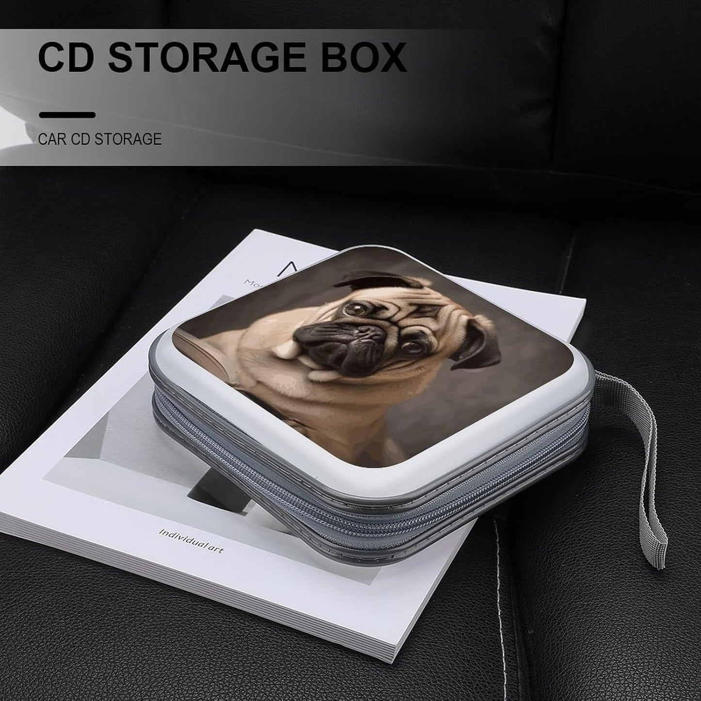 Animal Pug Dog CD Case 40 Capacity Case Zipper CD Collection Bag with Handles Cover DVD Storage Hard Plastic DVD Disc Cases Storage Binder for Car Home Office Travel