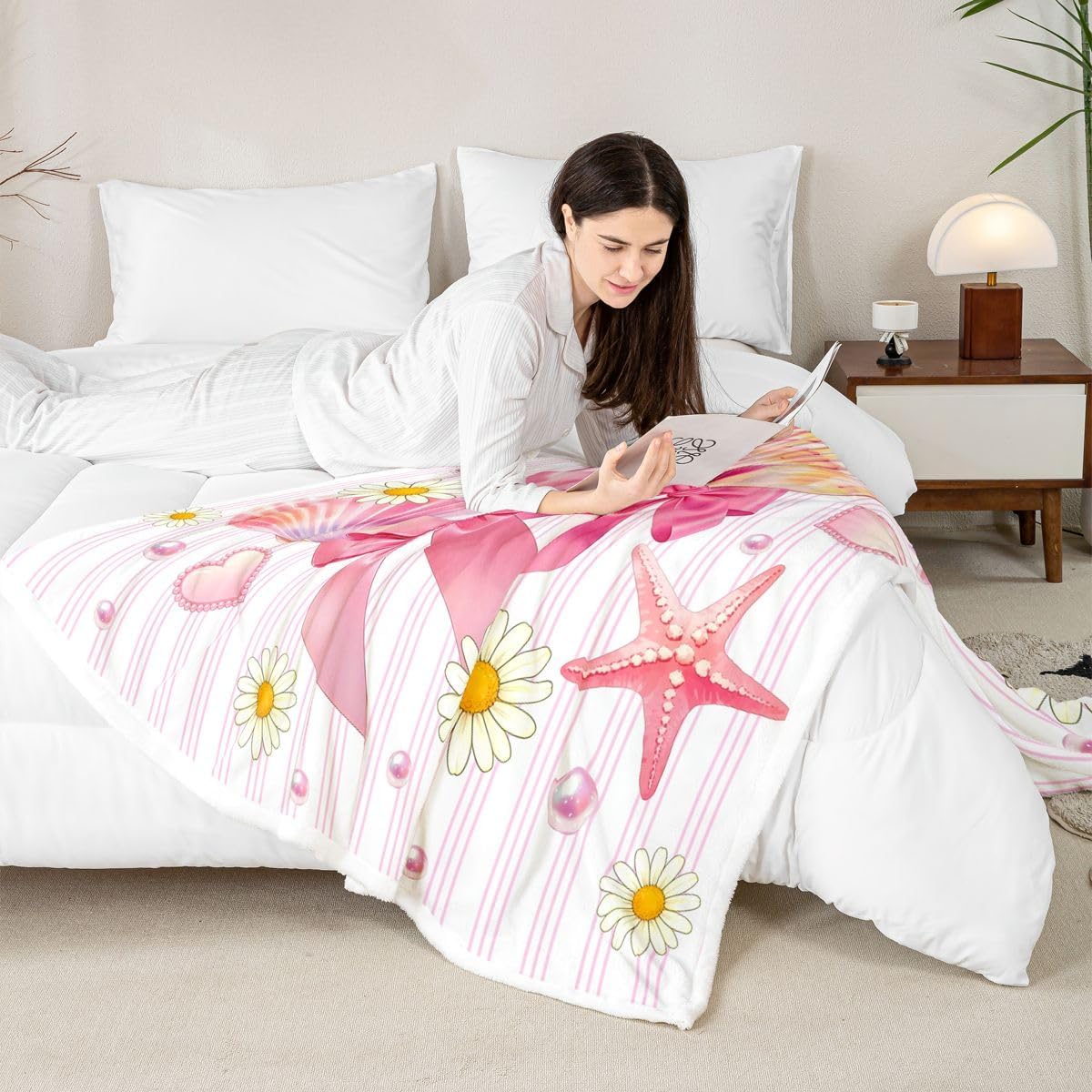 Feelyou Pink Bow Sherpa Throw Blanket for Couch Cute Super Soft Cozy Fleece Starfish Beach Blanket for Winter, Plush Throw Shell Throw 50"x60" Coastal Ocean All Season