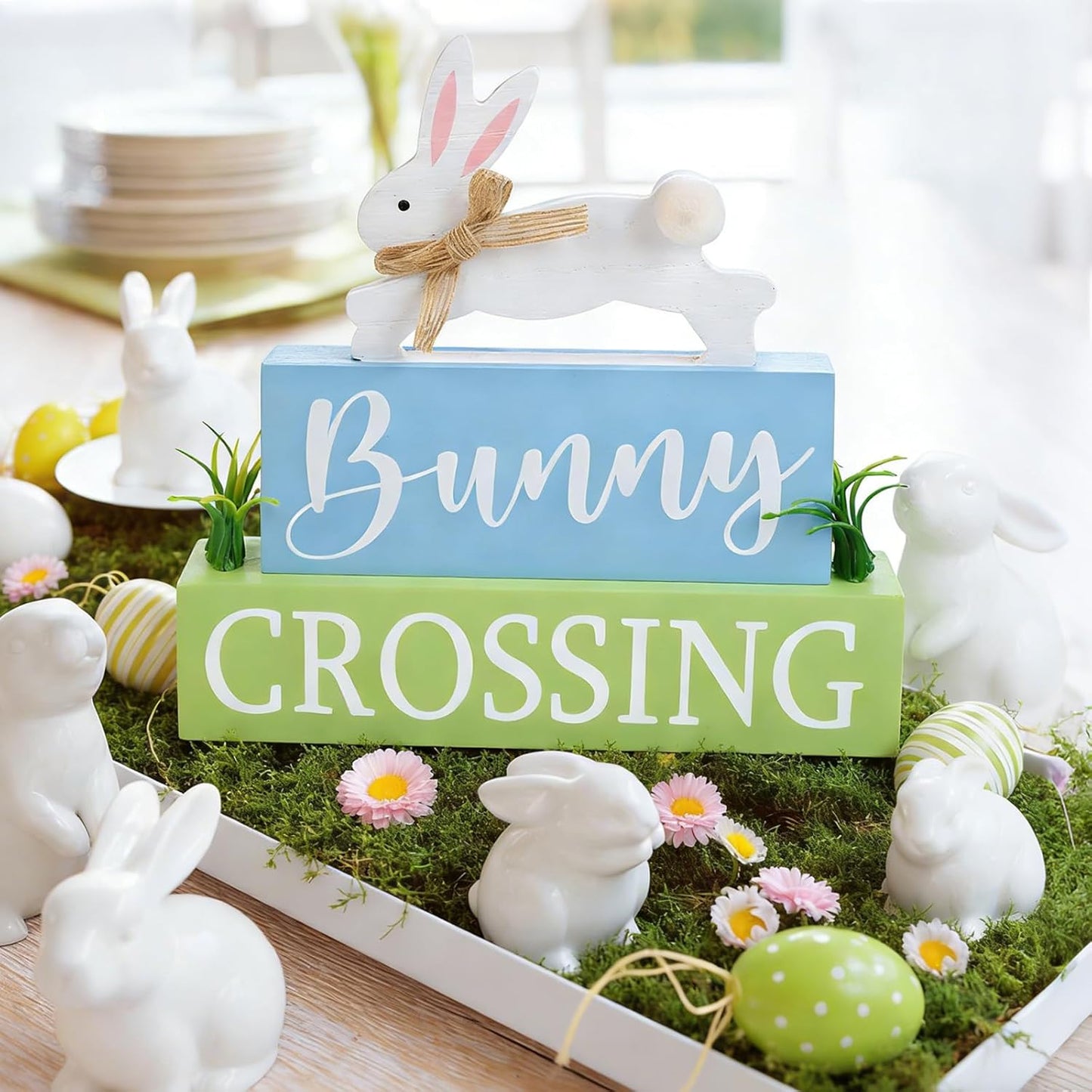 Easter Wooden Decorations, Bunny and Crossing Signs with Rustic Design, Spring Holiday Home Decor