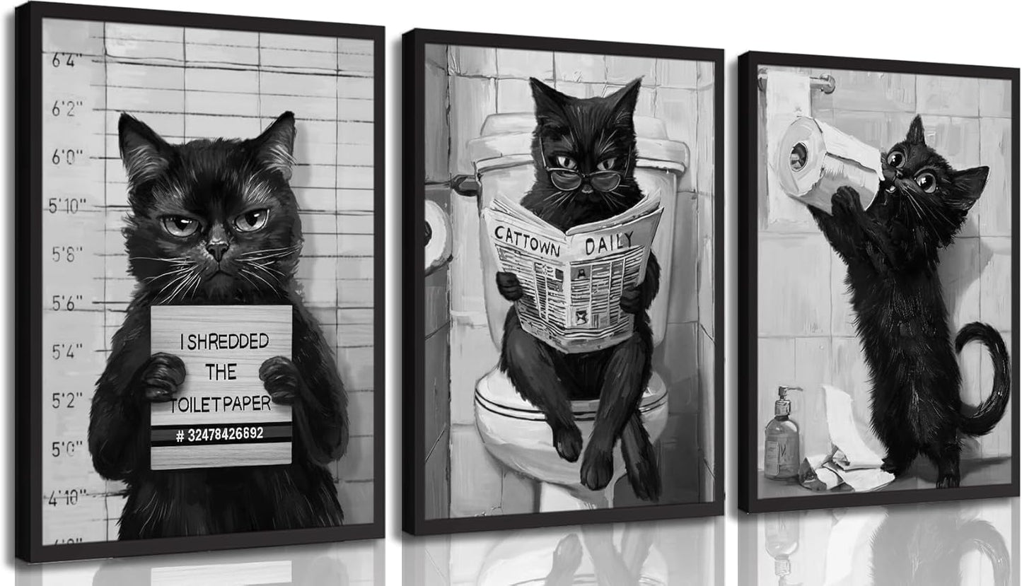3Pcs Bathroom Black White Cat Wall Art Abstract Cat Reading Newspaper On The Toilet Posters Print Artwork Funny Animal Pictures Wall Decor for Home Restroom Decoration 16x24in Unframed