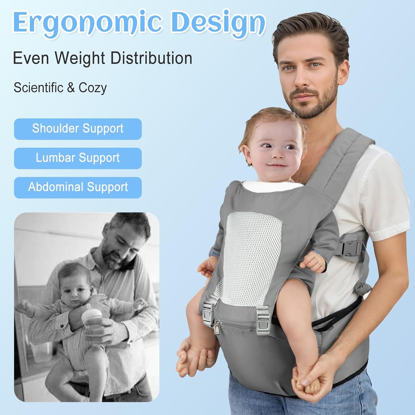 Baby Carrier with Hip Seat,Safety-Certified 2-in-1 Baby Carrier Newborn to Toddler, Adjustable Detachable Infant Hip Seat for Baby 44lbs, Comfortable Lightweight, Baby Bibs for Boys and Girls, Gray