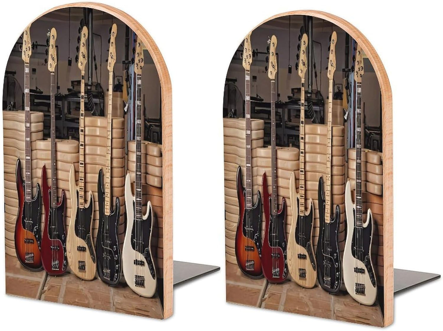 Guitar Bass Music Musical Instruments Wooden Bookend Non-Slip Book Ends Heavy Duty Book Stopper with Metal Base Books Holderd Decorative Bookends Stands Firmly for Office Supplies
