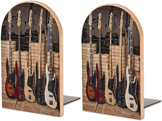 Guitar Bass Music Musical Instruments Wooden Bookend Non-Slip Book Ends Heavy Duty Book Stopper with Metal Base Books Holderd Decorative Bookends Stands Firmly for Office Supplies