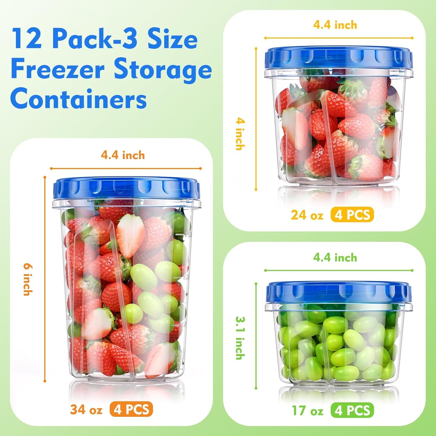 12 Pack- 34/24/17oz Freezer Storage Containers, Plastic Food Storage Containers with Twist Top Lids, BPA Free and Reusable Soup Containers with Lids, Leakproof/Microwave/Dishwasher Safe