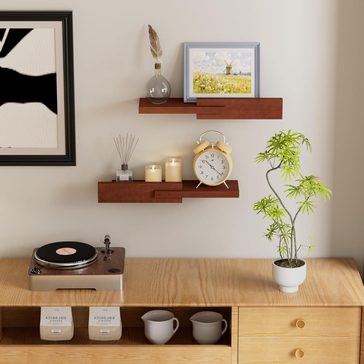 Solid Pine Floating Wall Shelf, Minimalist Wooden Display Shelf with Front Guard Lip, Vinyl Wall Mount, Vinyl Shelf for Records, Books, Plants & Home Decor Rustic Brown