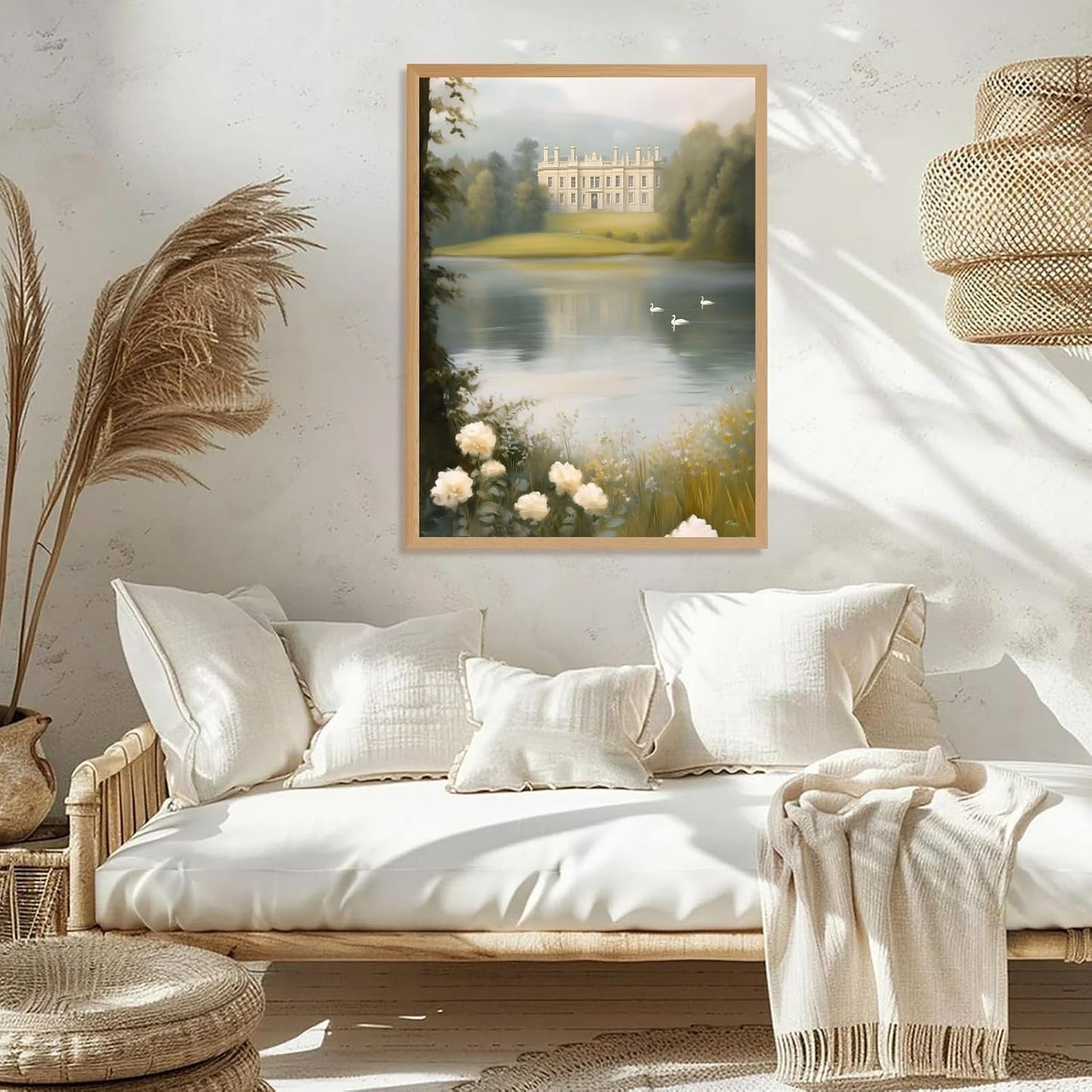 Framed Pemberley Estate Painting Romantic Castle by the Lake Canvas Print Vintage Landscape Picture Jane Austen Inspired Wall Art Pride and Prejudice Poster Decor for Living Room Bedroom 24x36inch
