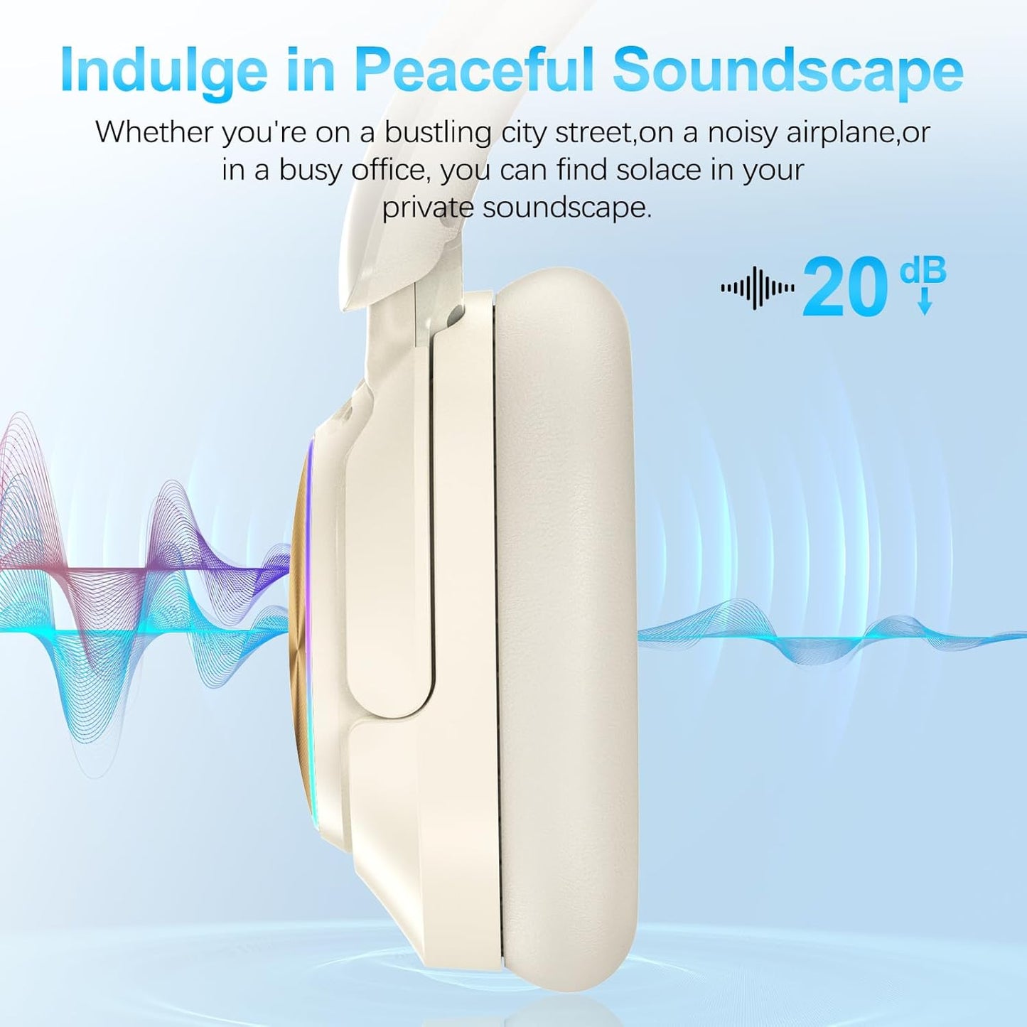 Noise Cancelling Over Ear Wireless Bluetooth Headphones with Microphone, 65h Playtime, Clear Calls, Comfort Fit for Travel (Beige)