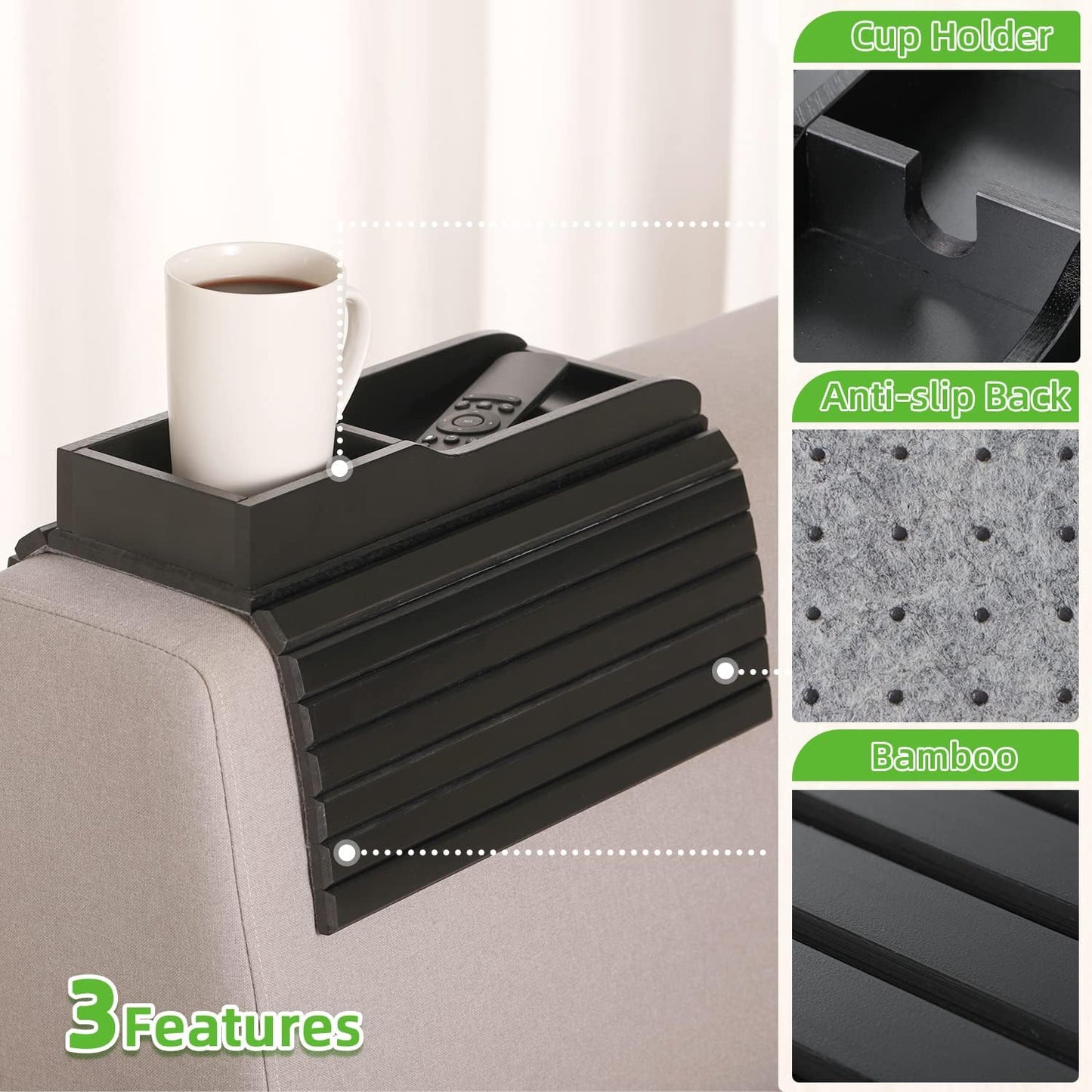 GEHE Couch Cup Holder, Anti Falling Sofa Arm Tray, Natural Bamboo Sofa Cup Holder More Safe for You Family, Portable Couch Arm Tray Armrest Table for Remote, Snacks, Phone, Drinks