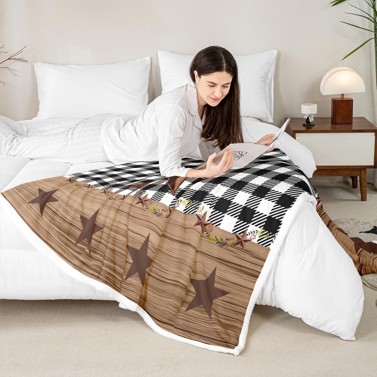 Erosebridal Western Texas Star Blanket 40"x50", Farmhouse Black Plaid Throw Blanket, Brown Vintage Country Star Fleece Blanket, Retro Rustic Checked Grid Wooden Grain Fleece Blanket