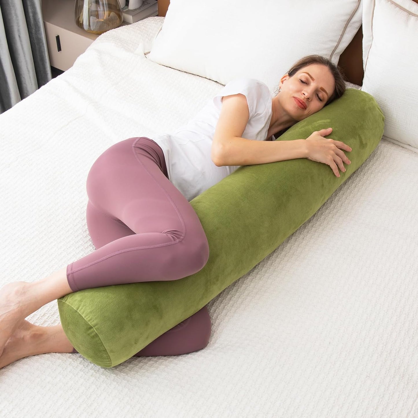 Bolster Pillow for Bed, Long Round Body Pillow for Adults with Removable Velvet Cover, Decorative Tube Roll Cylinder Pillow, 47 x 7.87 Inch, Green