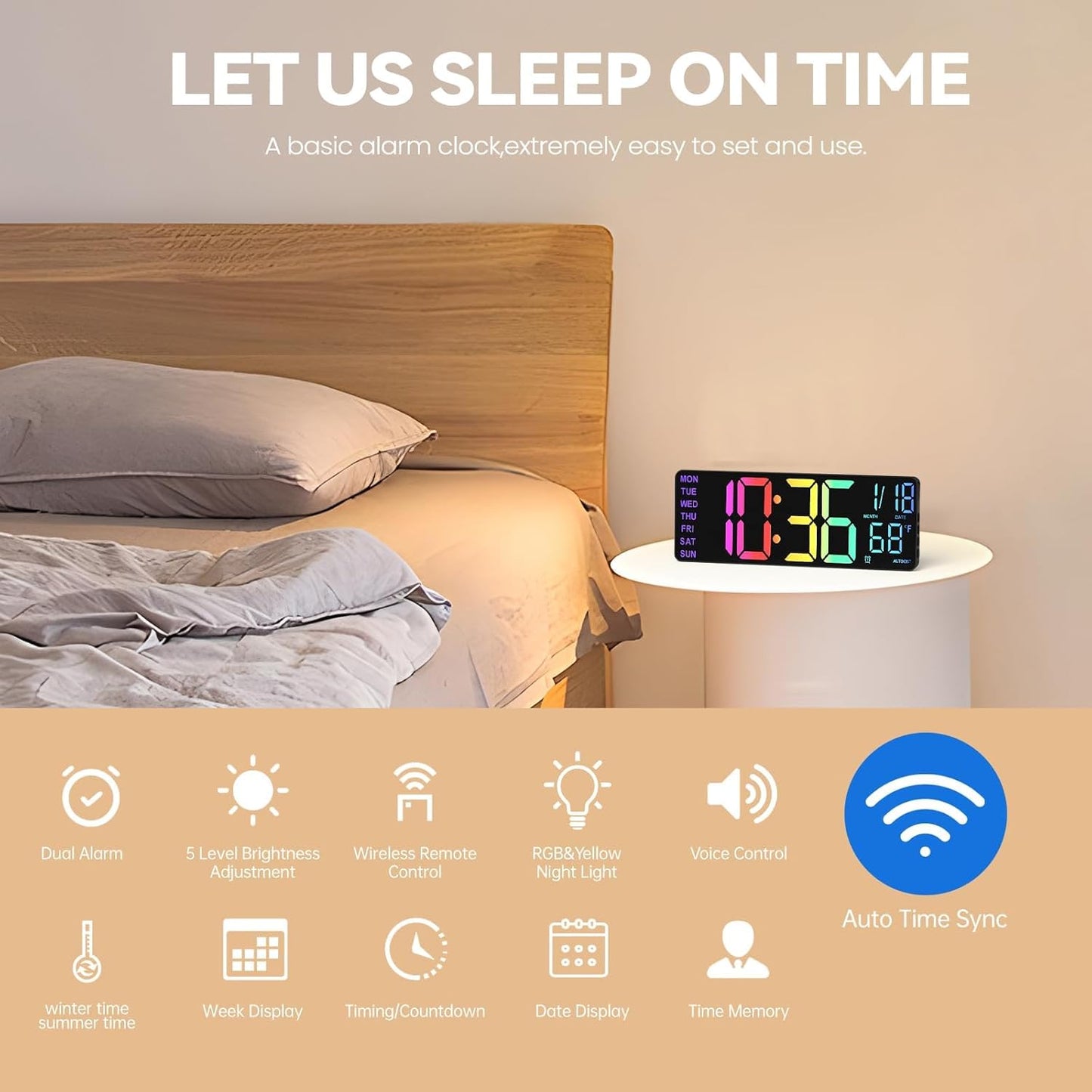 13" Digital Wall Clock with Night Light,8 RGB Color,Dual Alarms with Large Display, Dimmer, Auto DST, Voice Control, Auto Time Sync,Remote Control for Living Room Bedroom,Gift for All Ages