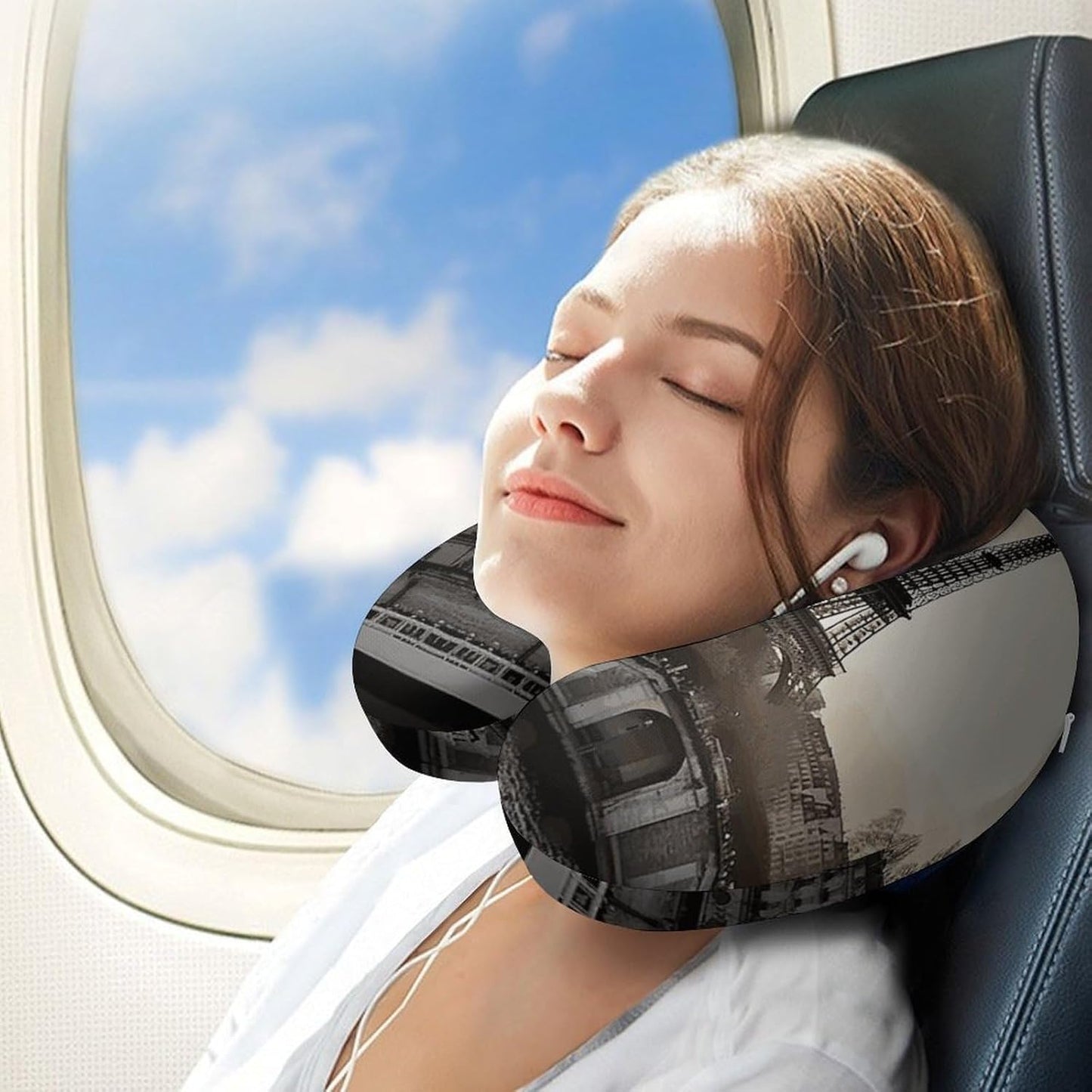 Travel Paris Neck Pillow Memory Foam U Shaped Pillows Portable Pillows for Shoulder Travel Head Support Pillow with Concealed Zipper for Airplane Car Home Office
