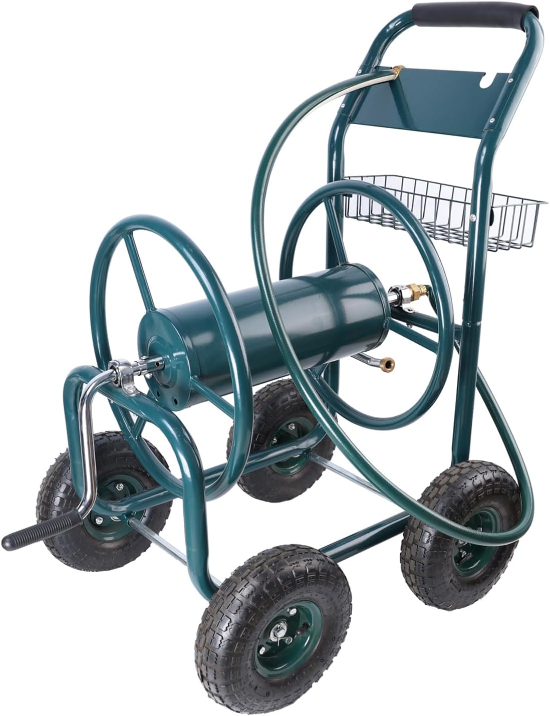 Garden Hose Reel Cart, Portable 4 Wheels Water Hose Reel Cart with Storage Basket, Heavy-Duty Water Hose Holder Trolley for Yard Garden Farm Green As Shown