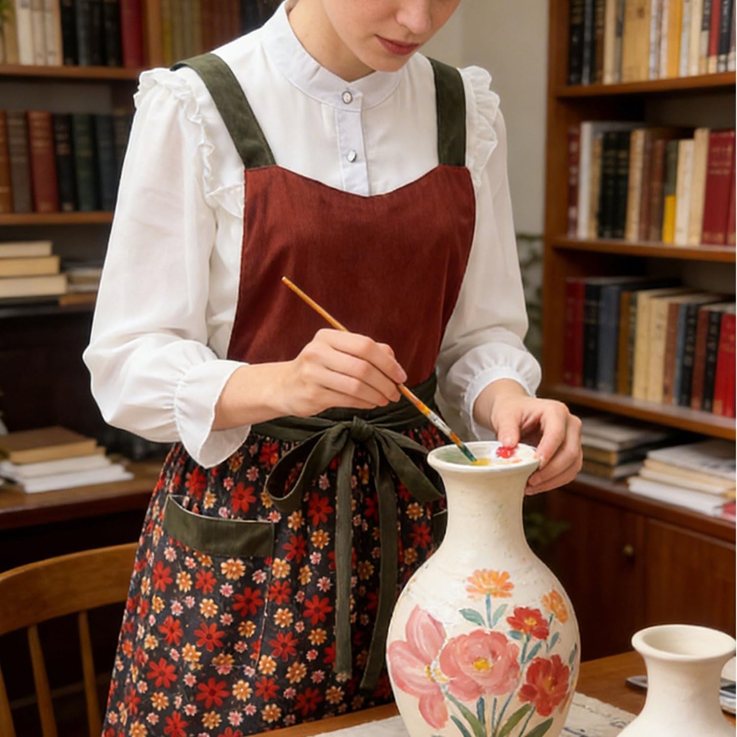 Uaussi Pinafore Apron Dress for Women Adjustable Floral Work Aprons for Kitchen Cooking Baking Gardening with Pockets