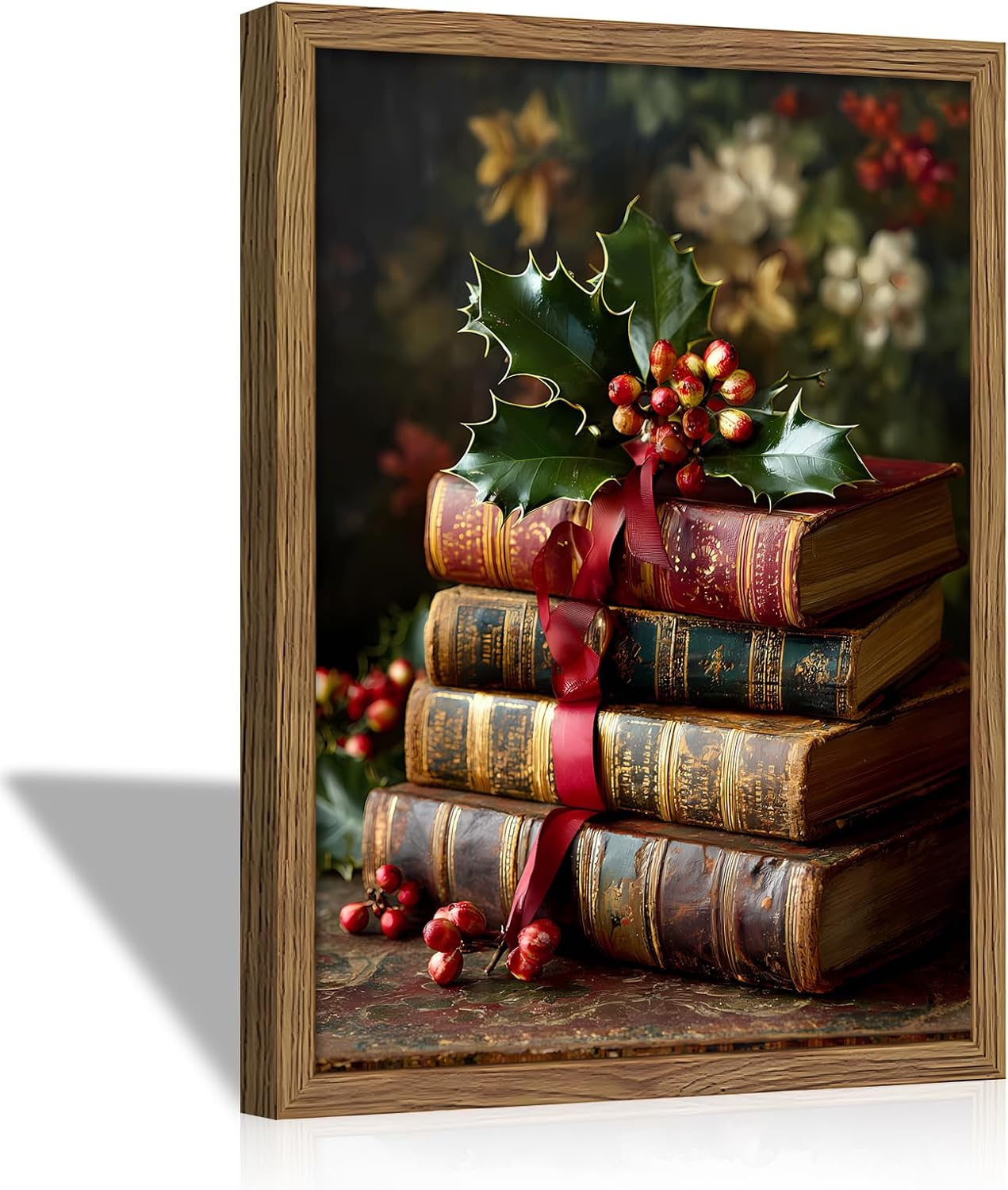 Vintage Christmas Books Canvas Wall Art Framed, Dark Academia Pictures Wall Decor, Rustic Xmas Bookish Decor, Moody Paintings Prints, Winter Navidad Artwork for Home Library Reading Room 12x16 Inch