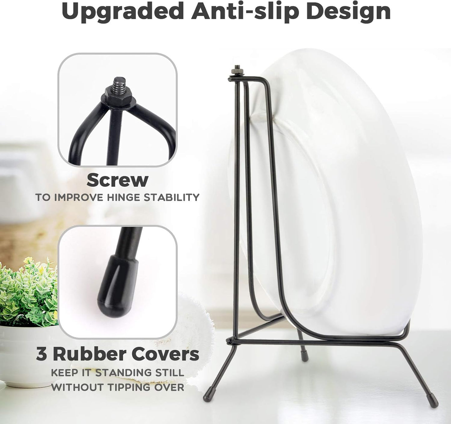 Mocoosy 4 Pack 8 Inch Improved Anti-Slip Plate Stands for Display, Plate Holder Display Stand, Picture Frame Holder Stand, Black Iron Easel Stands for Photo, Decorative Plate, Tablets and Table Art