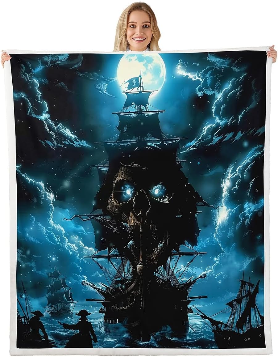 Pirate Skeleton Blanket,Nautical Adventure Throw Blankets for Kids Boys Girls,Modern Abstract Pirate Ship Super Soft Wrinkle Sherpa Blanket,Queen 90x90,Living Room Decor,Cozy,Plush,Lightweight