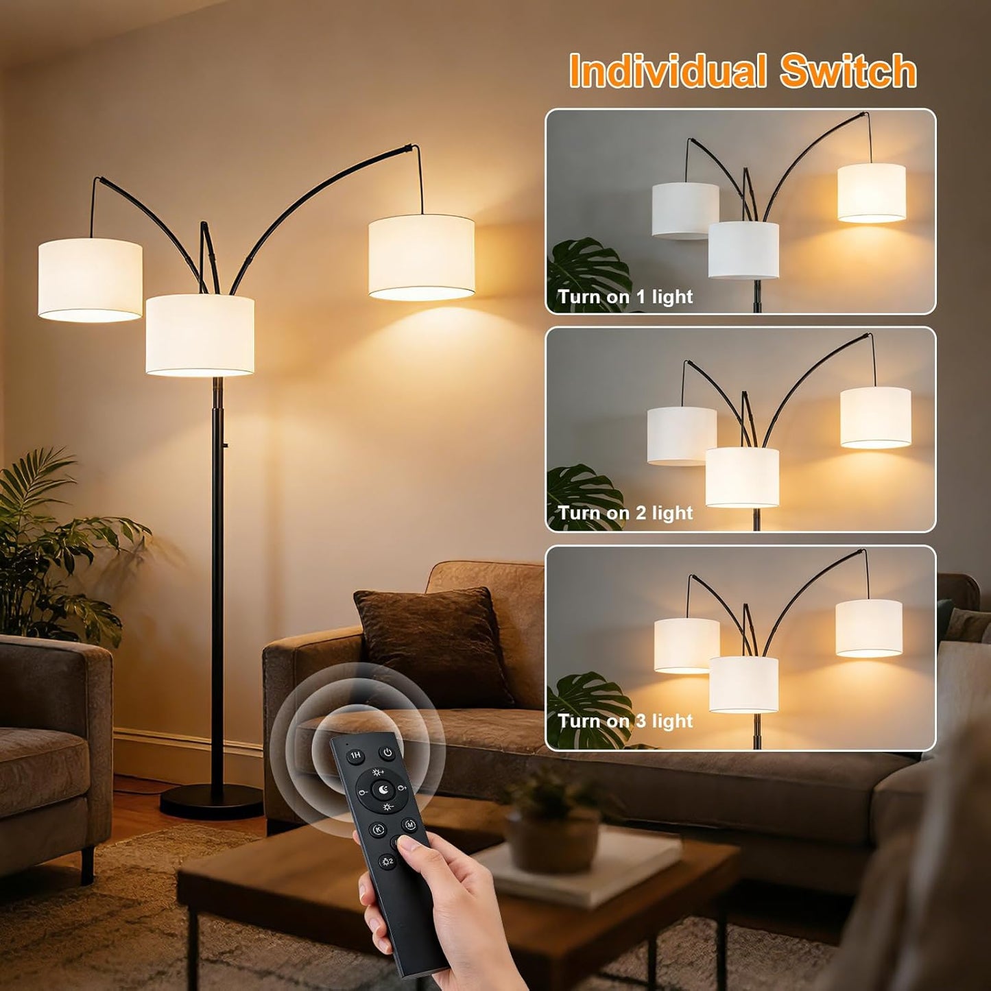80 Inch Arc Floor Lamp for Bedroom, 3-Light Dimmable Standing Lamp for Living Room, 2400LM Super Bright Tree Lamp with Remote Control, Tall Floor Lamp for Office with Adjustable Arms & Weighted Base