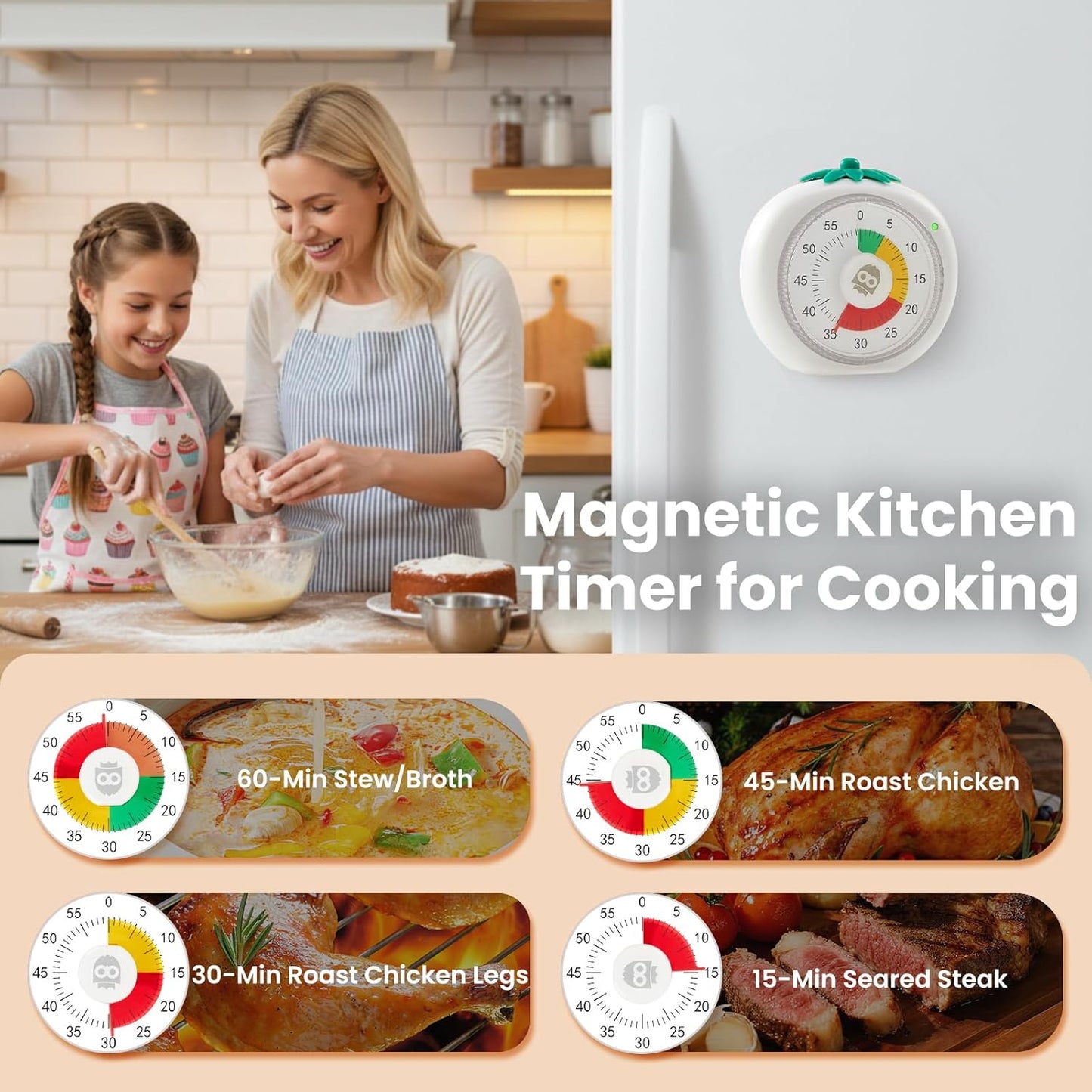 Visual Timer for Kids, 60-Minute Countdown Timers for Classroom Office Kitchen with Silent Operation, Kids Timer for Teaching with Cute Design, 4-Color Zone Pattern Pomodoro Timers