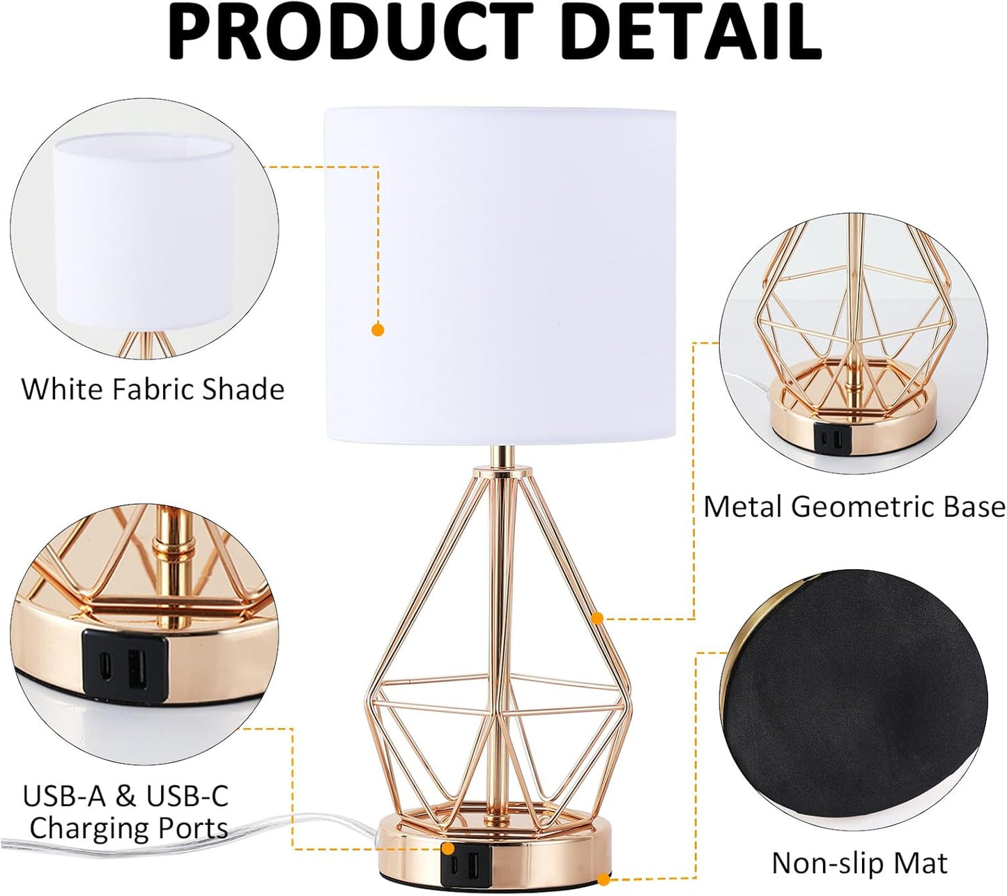 Gold Bedroom Lamps Set of 2, 3 Way Dimmable Touch Table Lamp with USB A+ C Port, Modern Small Lamp for Nightstand with Fabric Shade, Brass Bedside Lamp for Bedroom Living Room, 2 LED Bulbs Included