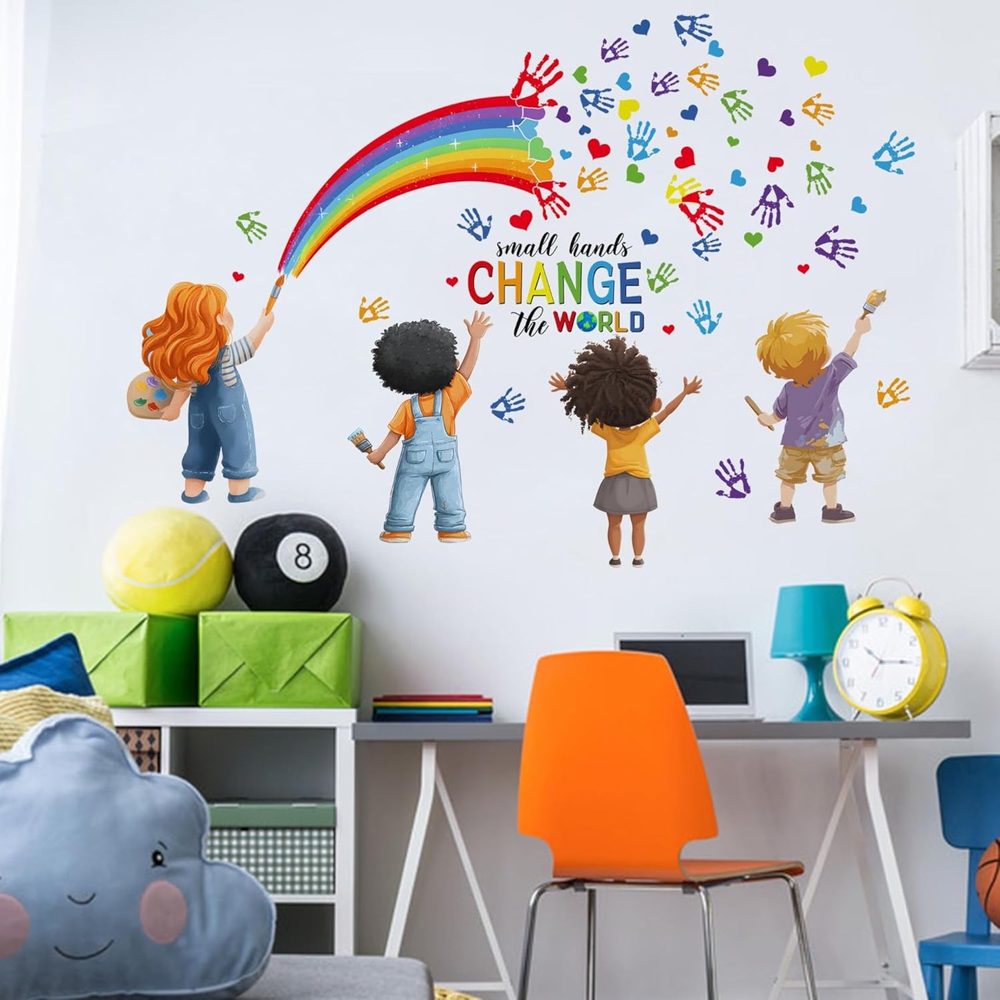 Small Hands Change The World Equality Wall Decal,Peel and Stick Inspirational Quote Rainbow Art Wall Sticker Decors,for Kids Bedroom Nursery Playroom Classroom Library Reading Corner Decoration