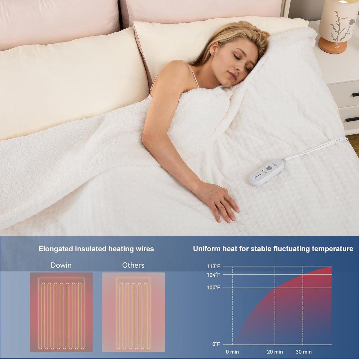 Dowin Electric Blanket Full Size - Heated Waffle Fleece Heating Warming Blankets with Auto Shut Off for Couch Office Chair Bed Adults Fuzzy Cozy Machine Washable 72x84 Beige
