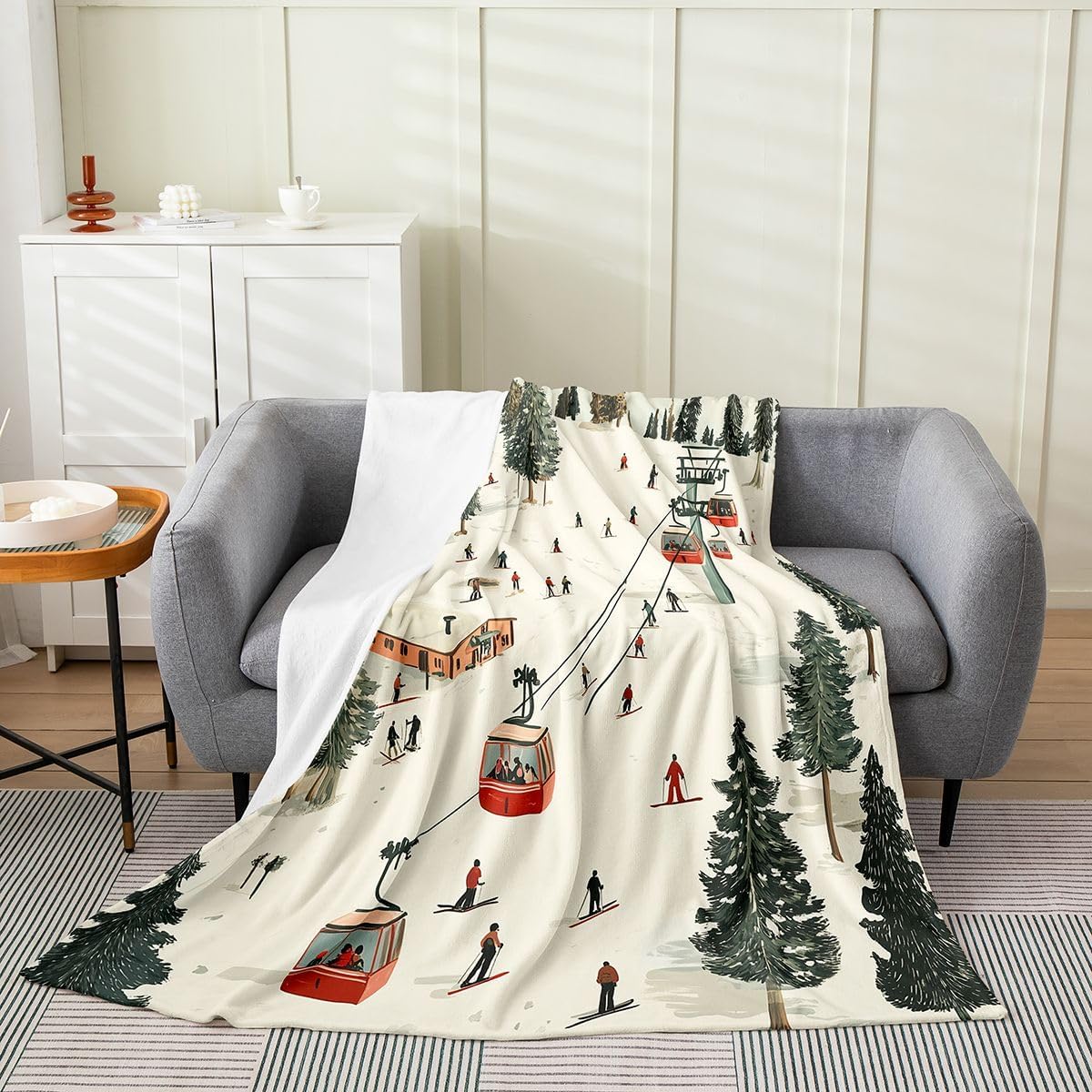 Castle Fairy Skiing Throw Blanket Throw 50x60 Cartoon Cable Car Green Pine Trees Fleece Blanket for Kids Teens Adults Winter Sports Ski Skis Flannel Blanket for Living Room Couch