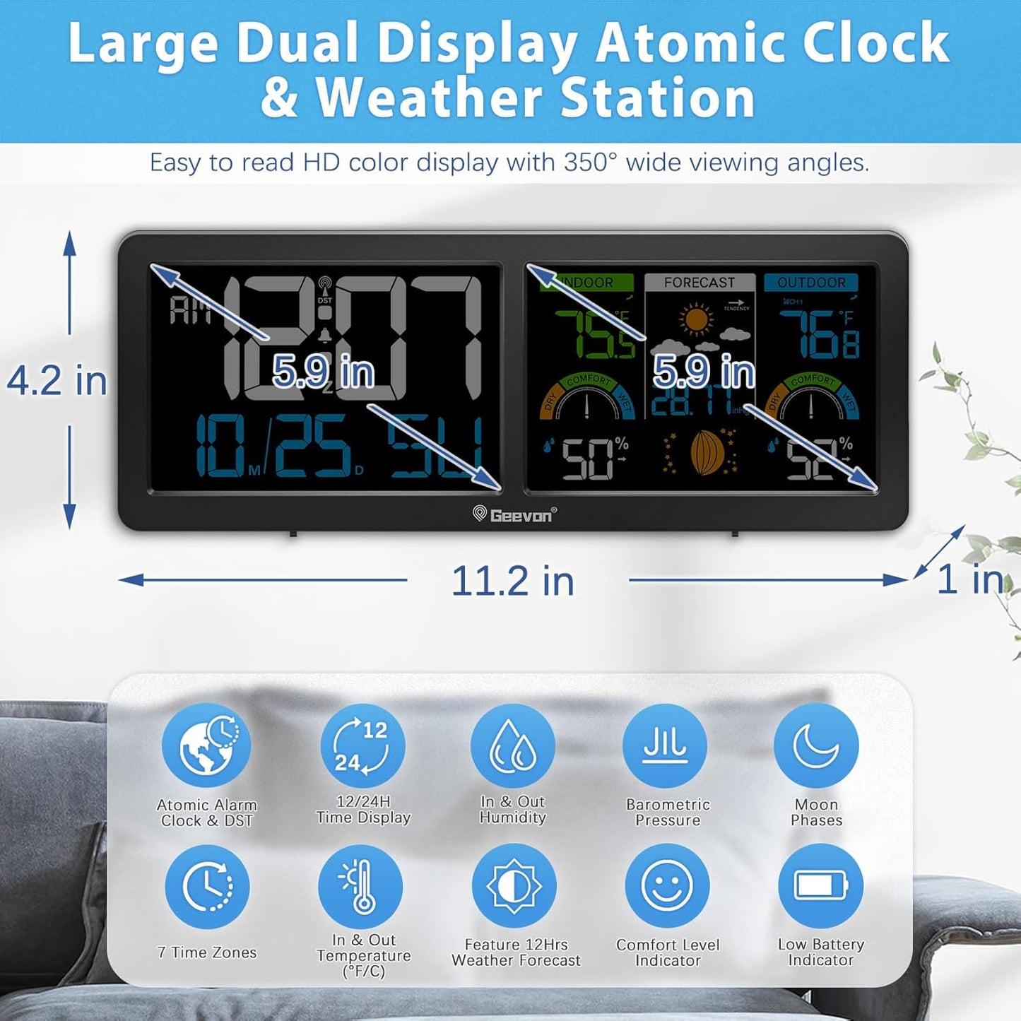 Geevon Weather Stations Wireless Indoor Outdoor Thermometer with Atomic Clock, HD Color Display Digital Temperature Humidity Gauge with Brometer, Comfort Indicator, and Adjustable Backlight (Black)