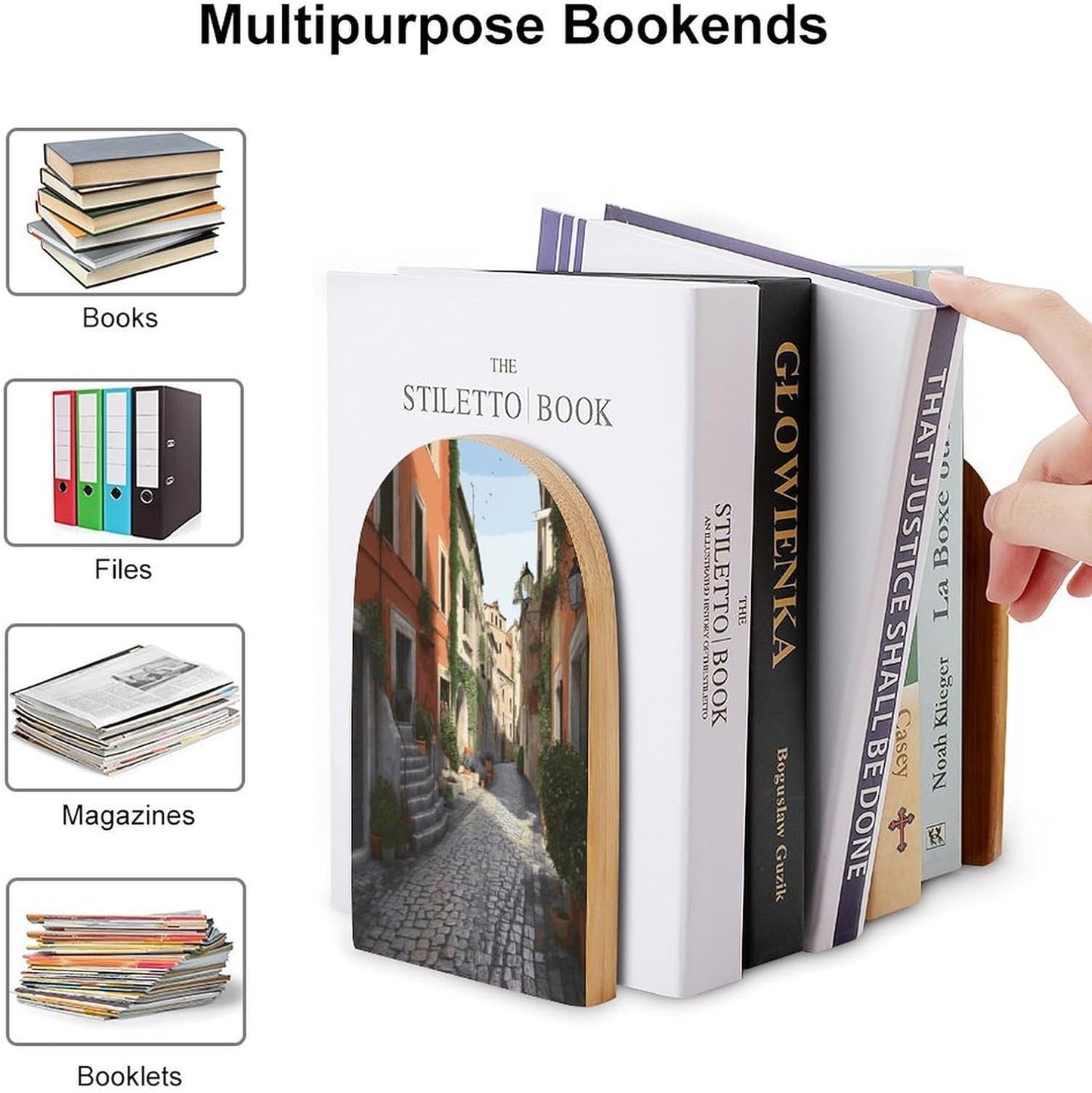 Street of Italy Bookend for Shelves Wooden Book End Large Size Sturdy Book Holders Stoppers with Metal Base for Bookshelves Slick Decorative Bookends Stands