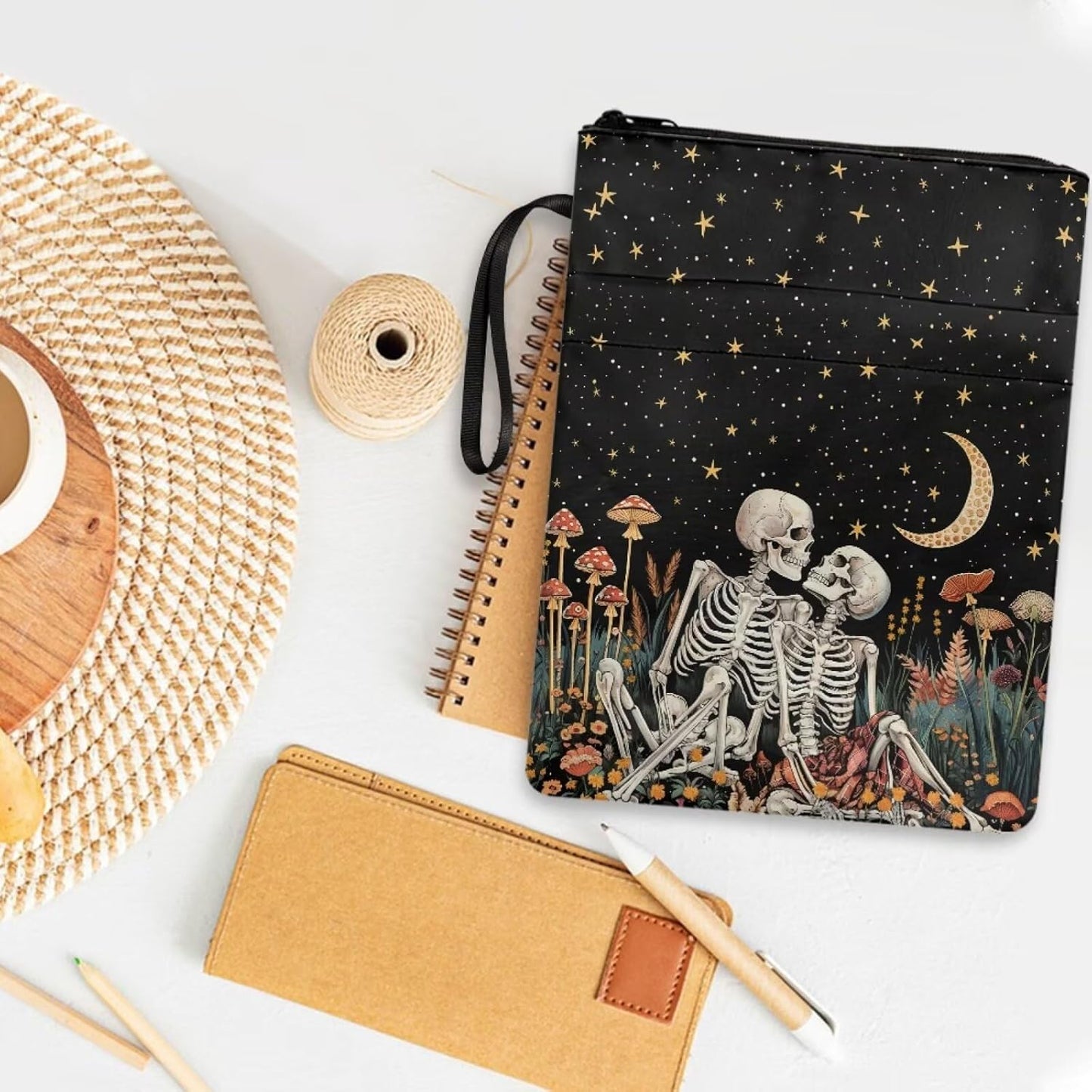 chaqlin Book Protector Sleeve for Book Lovers Gifts Skeleton Moon Night Washable Paperback Bookcover Pouch with Zipper and Front Pocket for Women Bookish Bookworm Library Reading Club