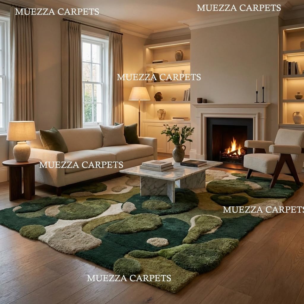 Hand Tufted Wool Abstract Area Rug 3x5 ft | Plush Modern Green Beige Accent Rug | Sculpted Organic Style