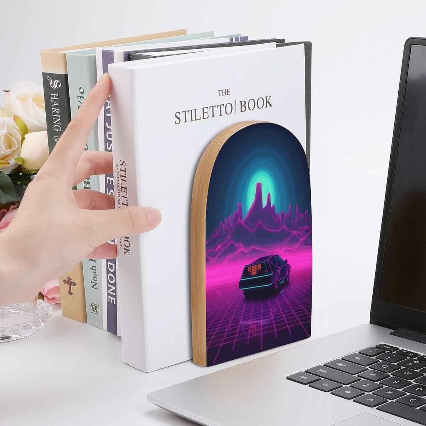 Non-Slip Bookend for Shelves Retrowave Pictures Wooden Bookends with Metal Base Decorative Book Stopper for Home Heavy Duty Wood Book Storage for Books/CDs