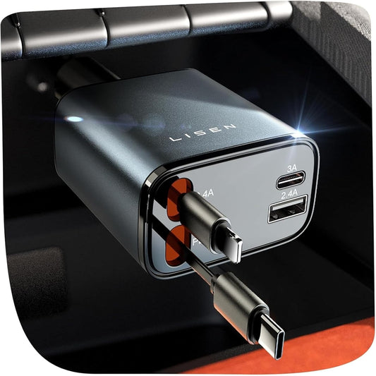 LISEN Retractable Car Charger, Gifts for Him Her, Cars Adapter USB C Fast Charger, gifts for Mothers Day Travel Essentials Car Accessories for Men Women Gifts for iPhone 17 16 15 14 13 12, Samsung S26