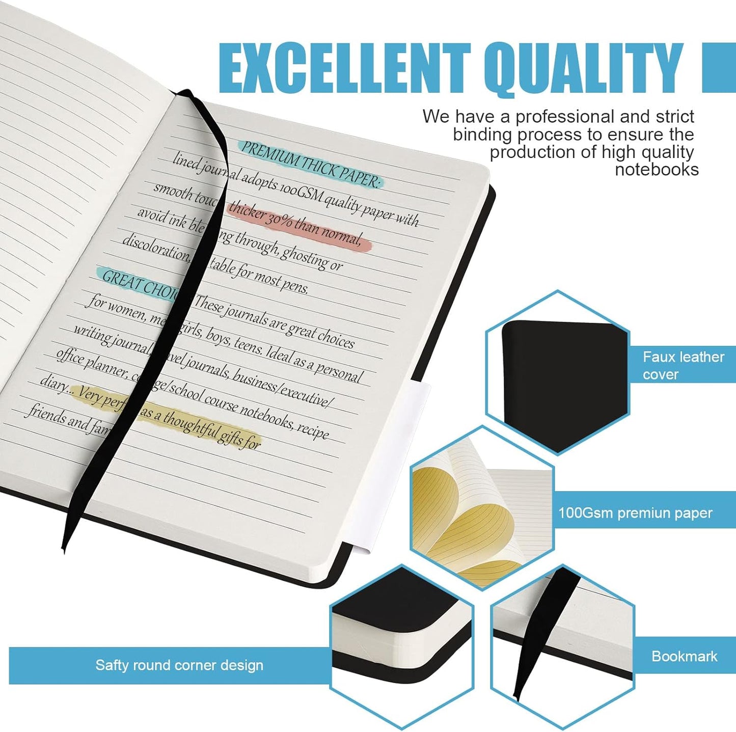 Lined Journal Notebook – Hardcover Notebook for Men & Women – Journals for Writing, Work, School, Home & Daily Notes, 160 Pages – Medium A5, 5.7"x8", 100 gsm Thick Paper (Black)