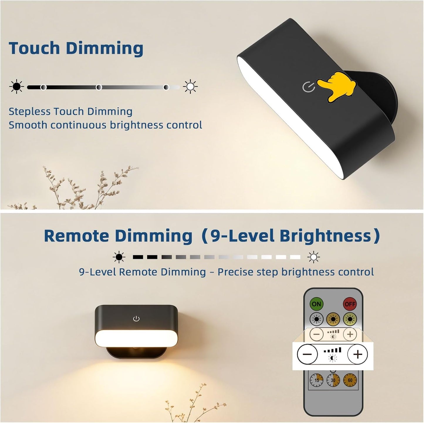 Wall Sconces Battery Operated with Timer, Rechargeable Wall Lights with Touch & Remote Control, Dimmable Stick On Wall Lights, Battery Powered Wall Lamp for Bedroom, Hallway
