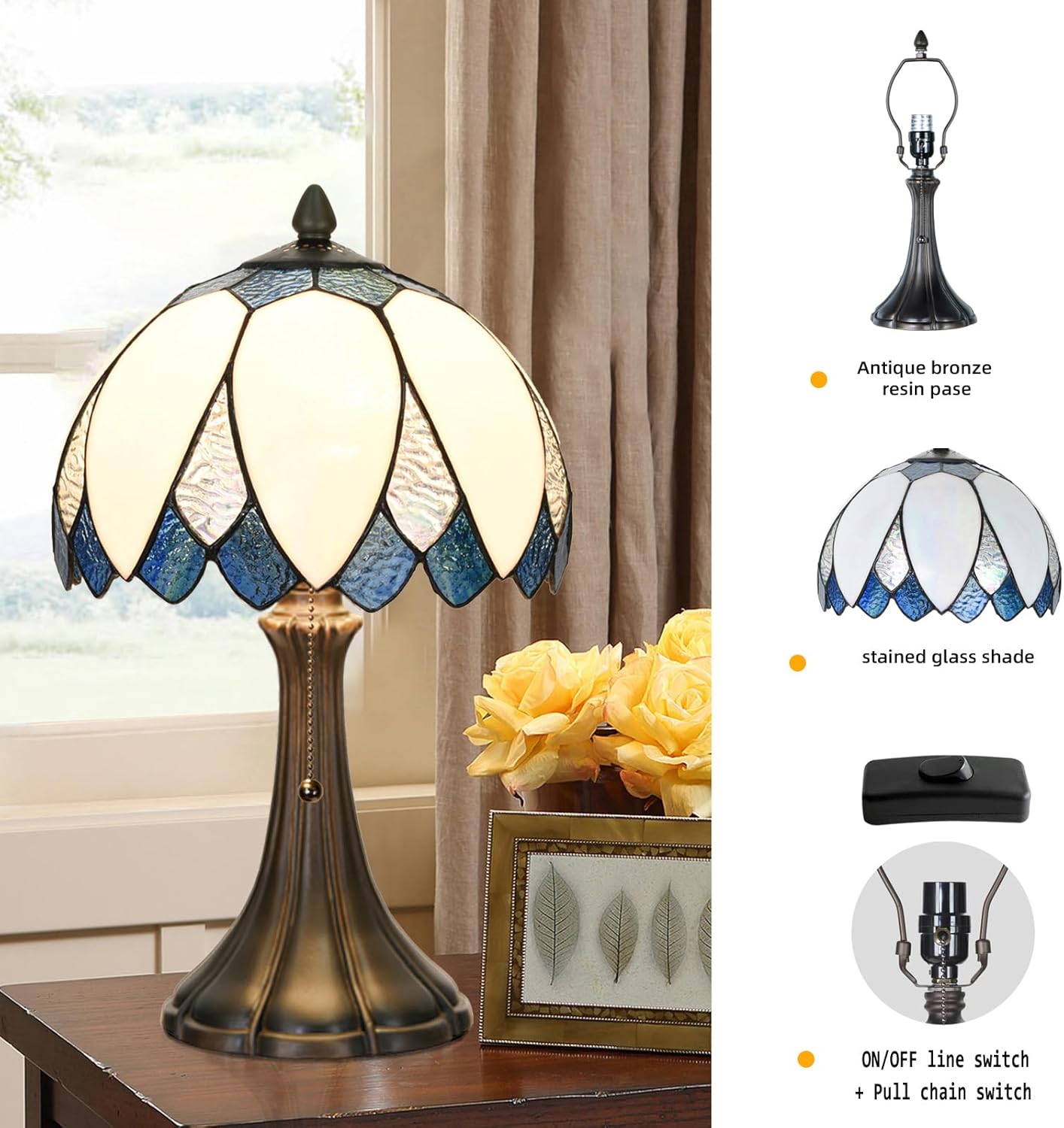 TL0014 Blue & White LotusTiffany Table Lamp Stained Glass Bedside Lamp Bending Glass Reading Desk Light 9.5 X 16.5 Inches for Bedroom Living Room Home Office (Blue &White)
