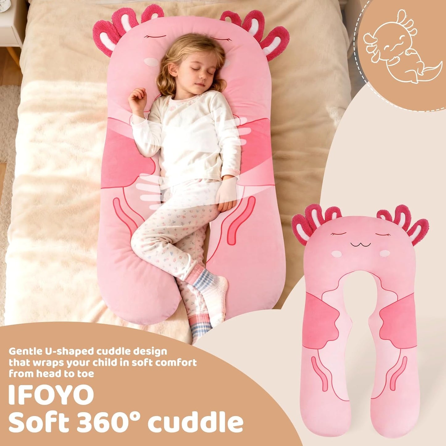 IFOYO Axolotl U-Shape Kids Body Pillow, 43" Minky Kids Full Body Pillow for Sleeping, Reading, ADHD & Sensory Relief, Kid Animal Cuddle Pillows Washable Cover Snuggle Fun Hug Gift for Boys & Girls