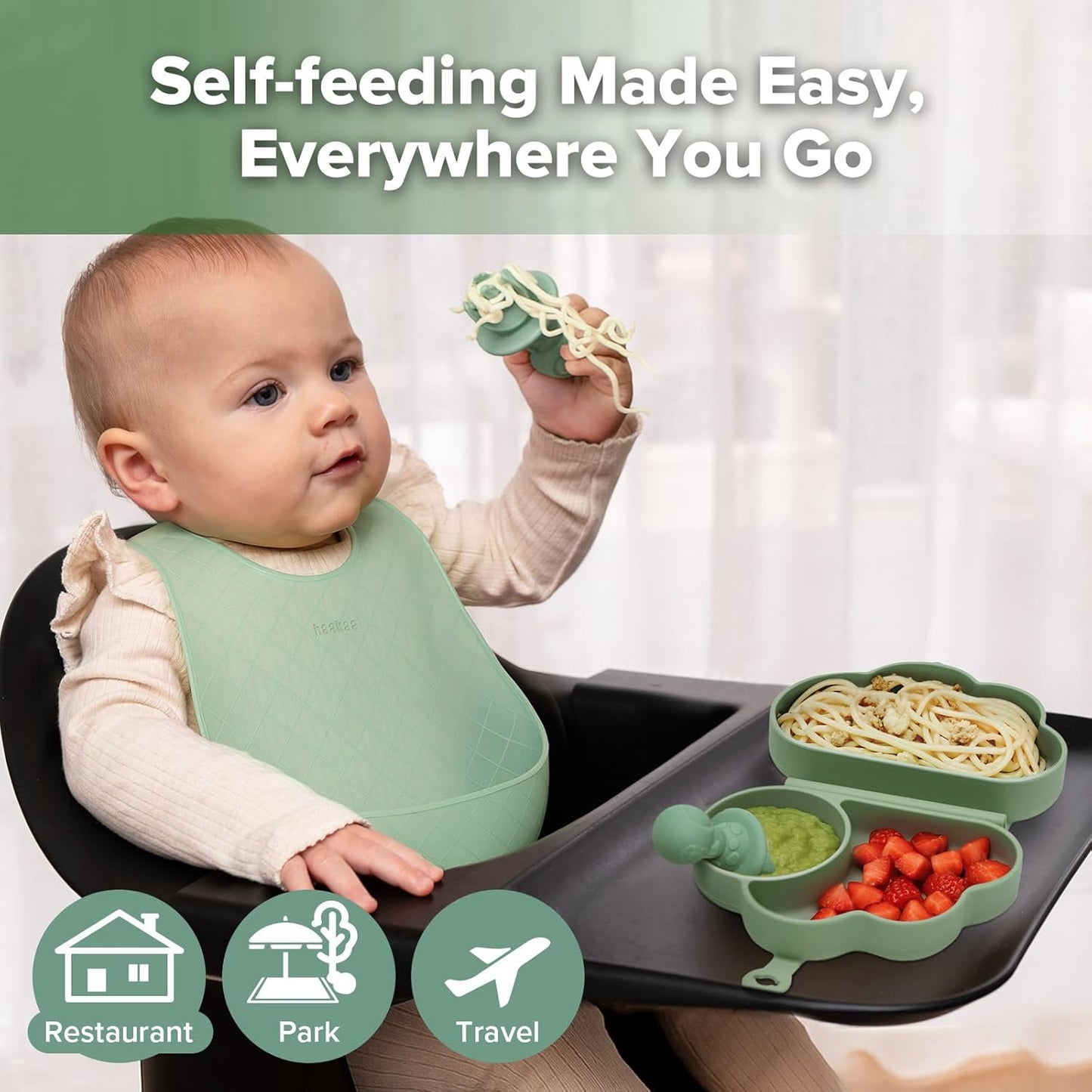 haakaa Cloud Crew Silicone Travel Baby Feeding Set with Foldable Suction Baby Plate, Silicone Bib, Baby Spoon and Fork, Waterproof Travel Bag, 6M+