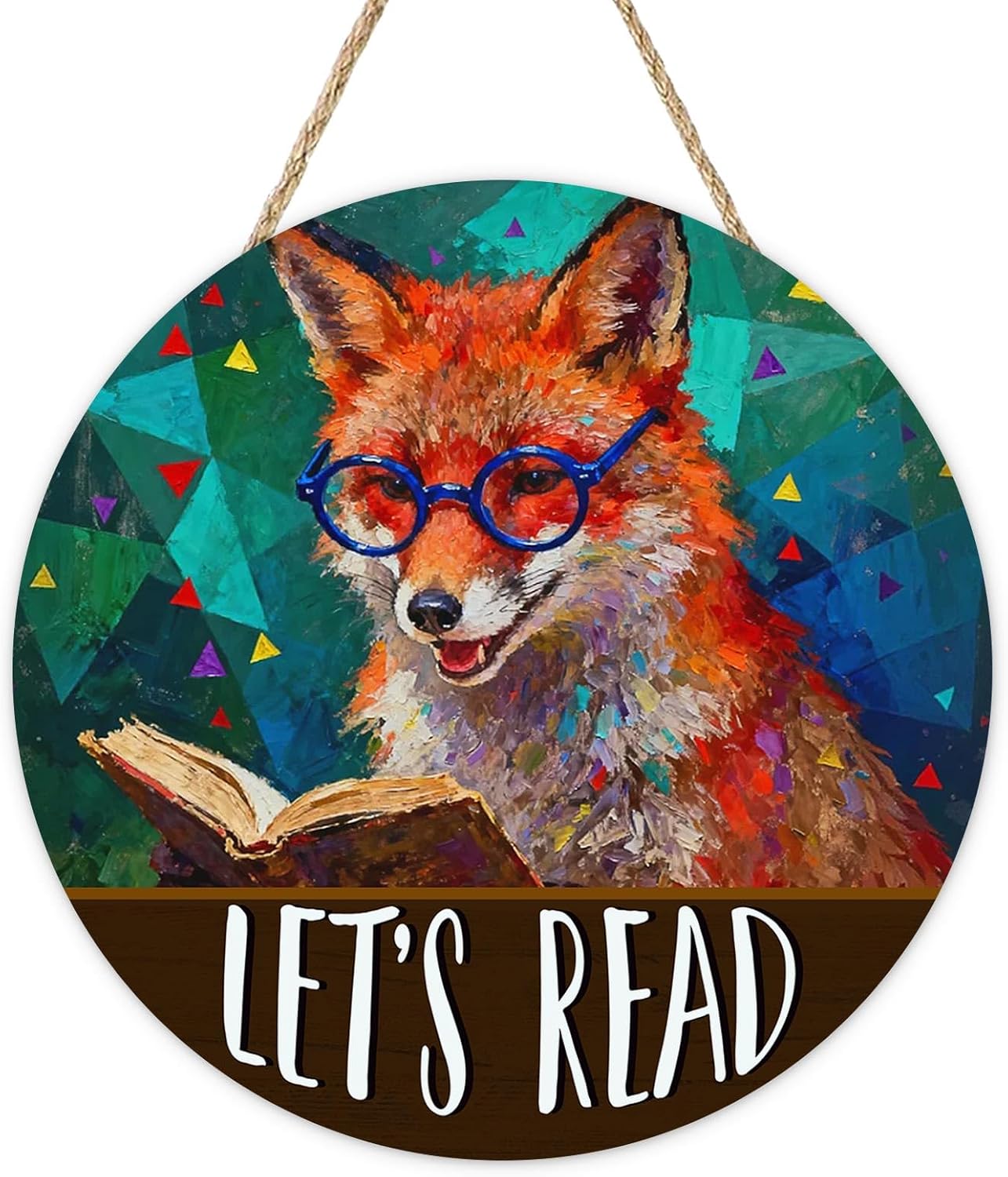 Let's Read Fox Front Door Sign, Inspirational School Classroom Library Reading Corner Wood Plaque Hanger, Farmhouse Wooden Wreath Indoor Wall Hanging Home Decor Book Lover Gift