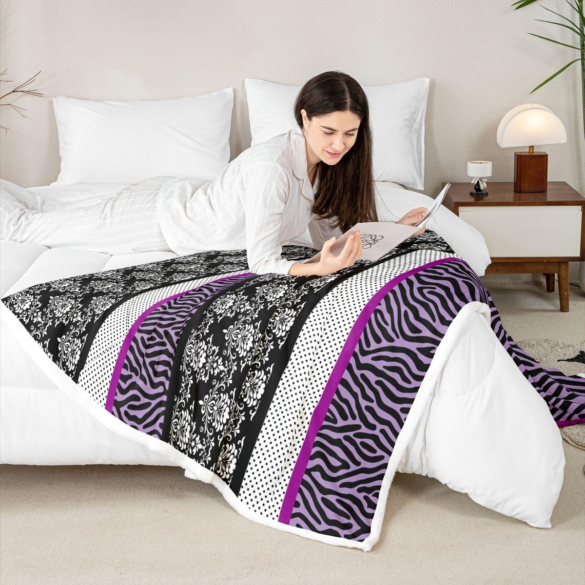 Feelyou Zebra Print Sherpa Throw Blanket for Couch Purple Black Polka Dot Damask Super Soft Cozy Fleece Safari Animal Blanket for Winter, Plush Throw Baby 30"x40" All Season