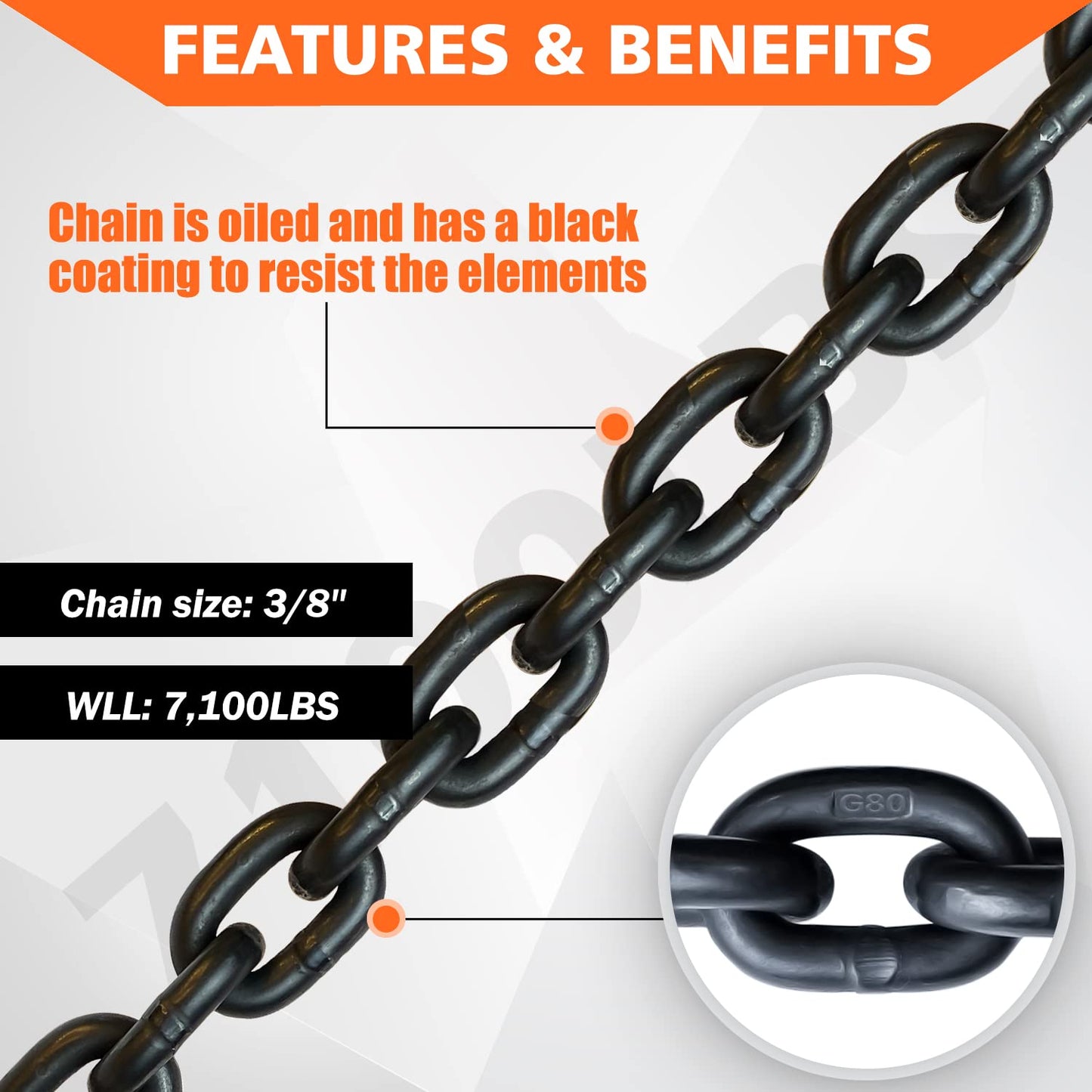 G80 Binder/Safety Chain 3/8 Inch x 10 Foot Transport Binder Chain with Clevis Grab Hooks 7,100 lbs Safe Working Load Logging Chain for Transporting Towing Tie Down Binding Equipment