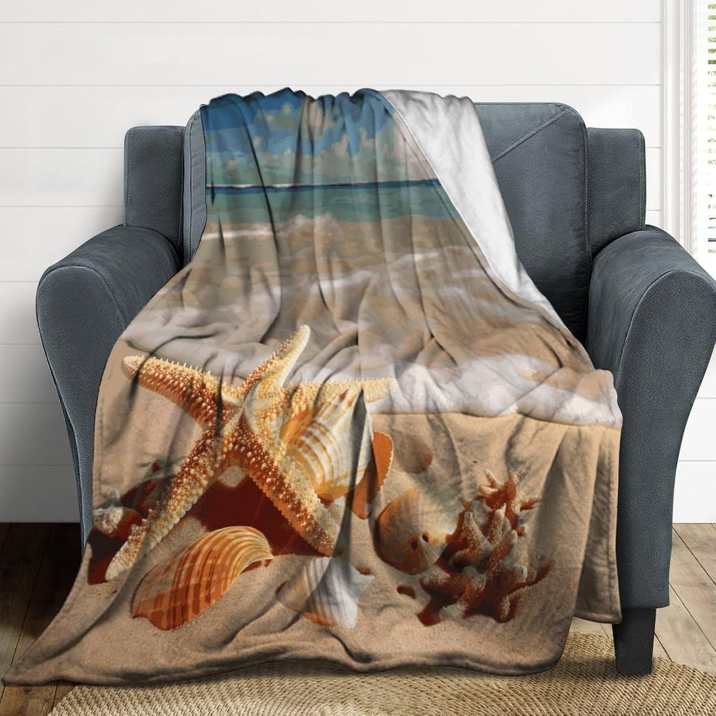 Seashells Starfish on Beach Blanket Super Soft Lightweight Throw Blanket Cute Cozy Warm Bed Blanket Decorative Fuzzy Blanket All-Season Home Decor Gift for Sofa Couch Living Room 50"*60"（130 * 150cm）