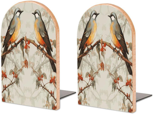 Birds Vintage Art Bookend for Shelves Wooden Book End Large Size Sturdy Book Holders Stoppers with Metal Base for Bookshelves Slick Decorative Bookends Stands