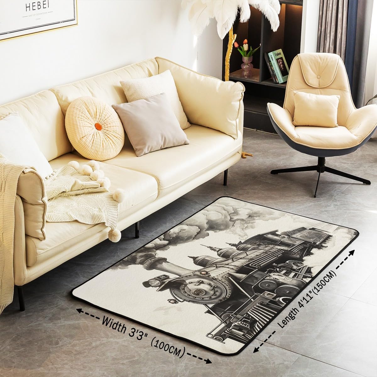 Erosebridal Vintage Train Carpet 4'11" x 3'3" Train Country Locomotive Area Rug for Kids Teens Adults Wooden Wagons Indoor Floor Mat Rail Road Smoke Decorative Washable Rug